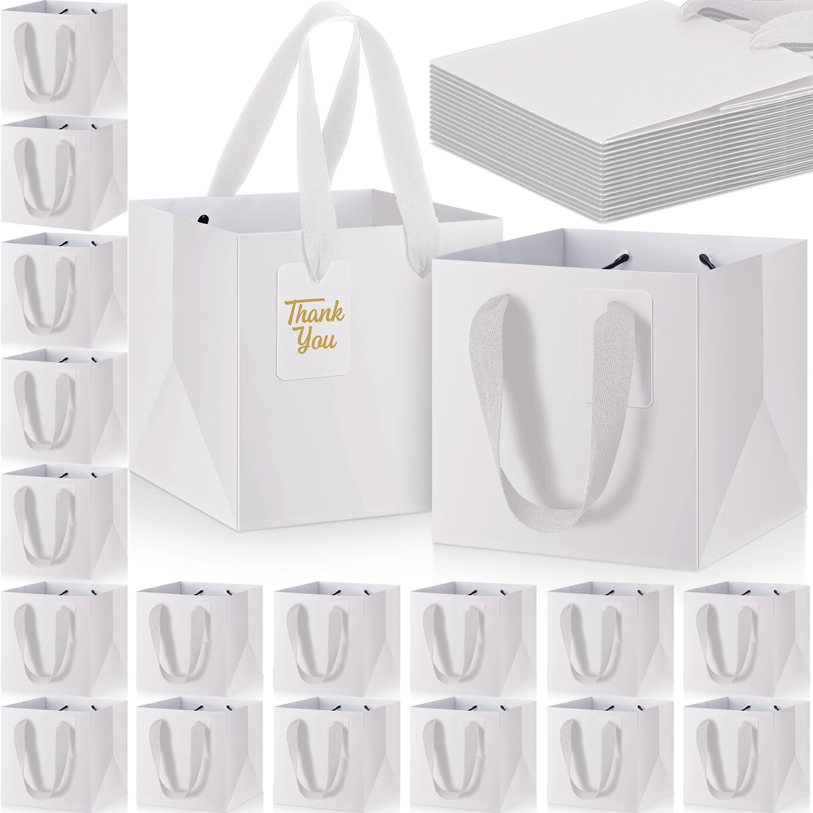 Windyun 50 mini bolsas de regalo de papel con asa de 6 x 6 x 6 pulgadas, bolsa cuadrada pequeña con etiqueta de agradecimiento para cumpleaños, boda, despedida de soltera, dama de honor, graduación