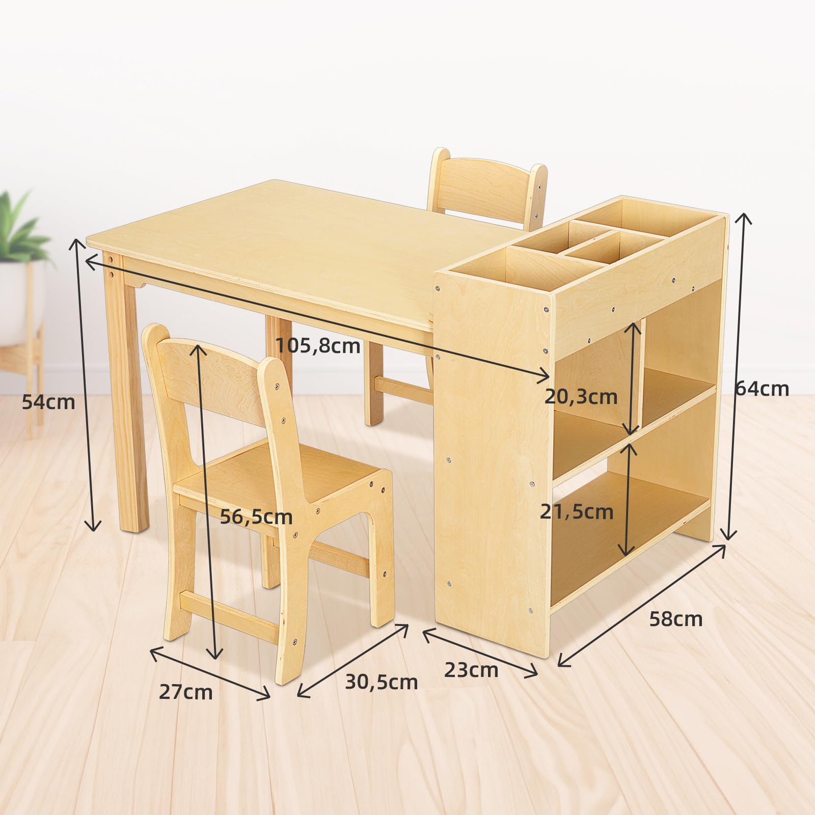 OOOK Kindertisch mit 2 Stühlen, Basteltisch Kindersitzgruppe mit Stauraum aus Holz, Aktivitätstisch Maltisch für Kinderzimmer, Klassenzimmer, Kindergarten