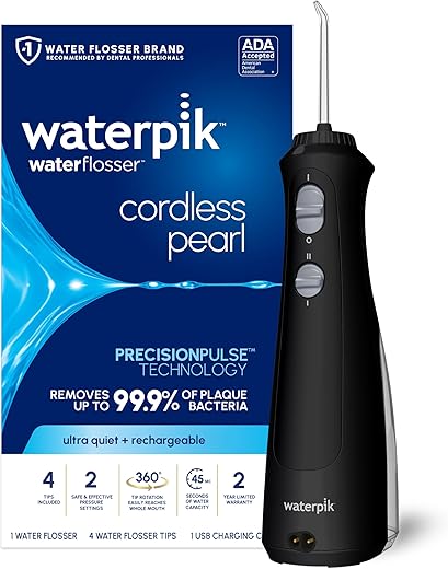 Waterpik Cordless Pearl Rechargeable Portable Water Flosser for Teeth, Gums, Braces Care and Travel, Extra Quiet, 4 Flossing Tips - ADA Accepted, WF-13 Black, Amazon Exclusive