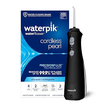 Waterpik Cordless Pearl Rechargeable Portable Water Flosser for Teeth, Gums, Braces Care and Travel with 4 Flossing Tips - ADA Accepted, WF-13 Black, Packaging May Vary