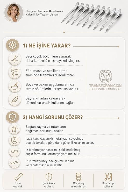 Transformacion Saç Klipsi Metal Toka Profesyonel 8 cm Metal Saç Klipsi 6'li Set - Çelik Krom Kaplama Kuaför Tipi Bölme ve Şekillendirme Tokası - Dayanıklı Berber Seksiyon Klipsi 721372
