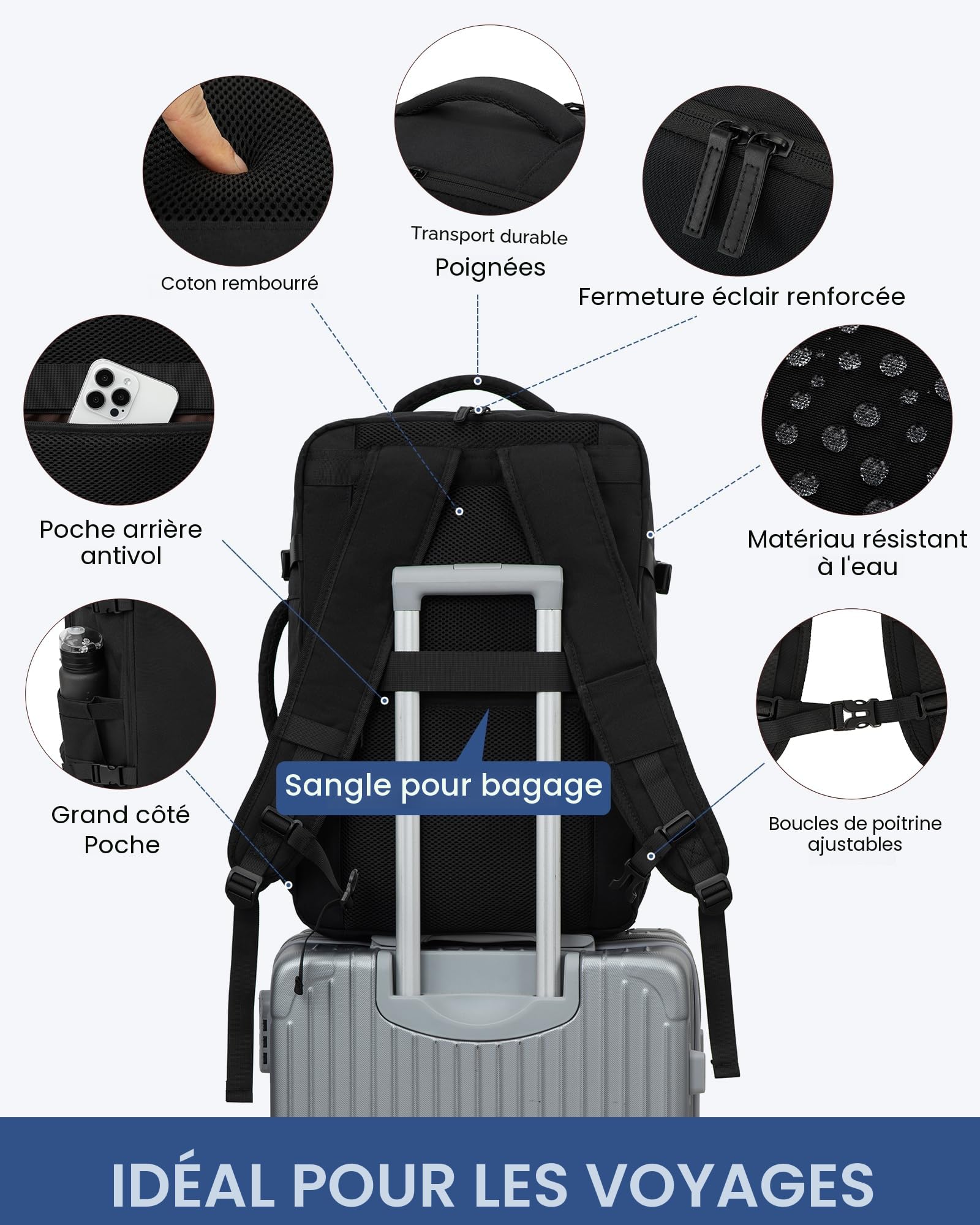 LOVEVOOK Sac à Dos Voyage Cabine Avion 40L Imperméable Ordinateur Portable 17,3 Pouces Homme Femme Noir