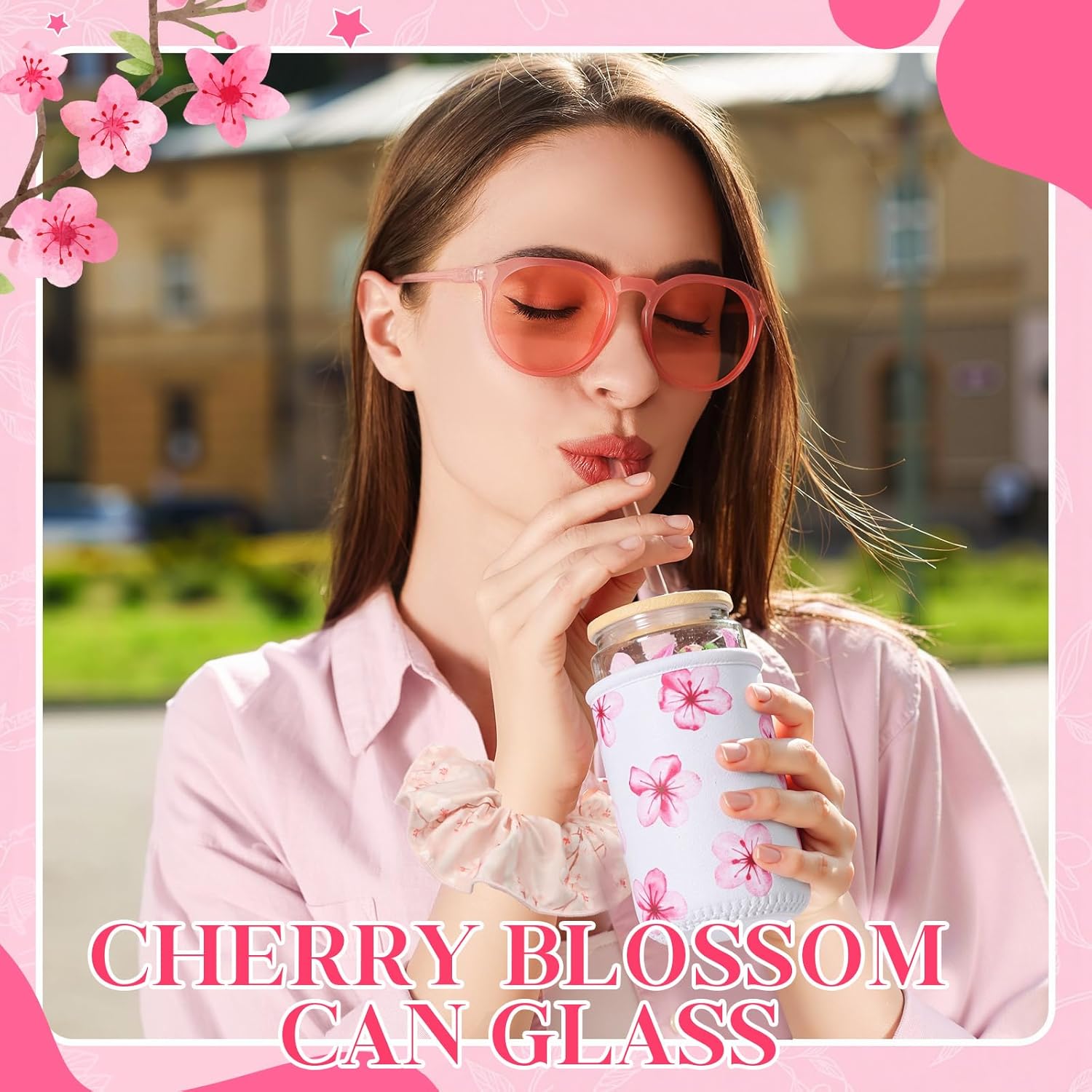 Honeydak Cherry Blossom Gift Set Includes Cherry Blossom Glass Cup with Lid and Straw Clear Gift Bag Sakura Cup Sleeve Flowers Straw Cover Cap Sakura Scrunchie for Women - Image 5