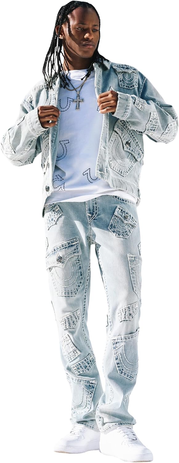 True Religion Men’s Ricky Super T Flap Straight Jean 34” – Two-Tone Stitching, Horseshoe Detail