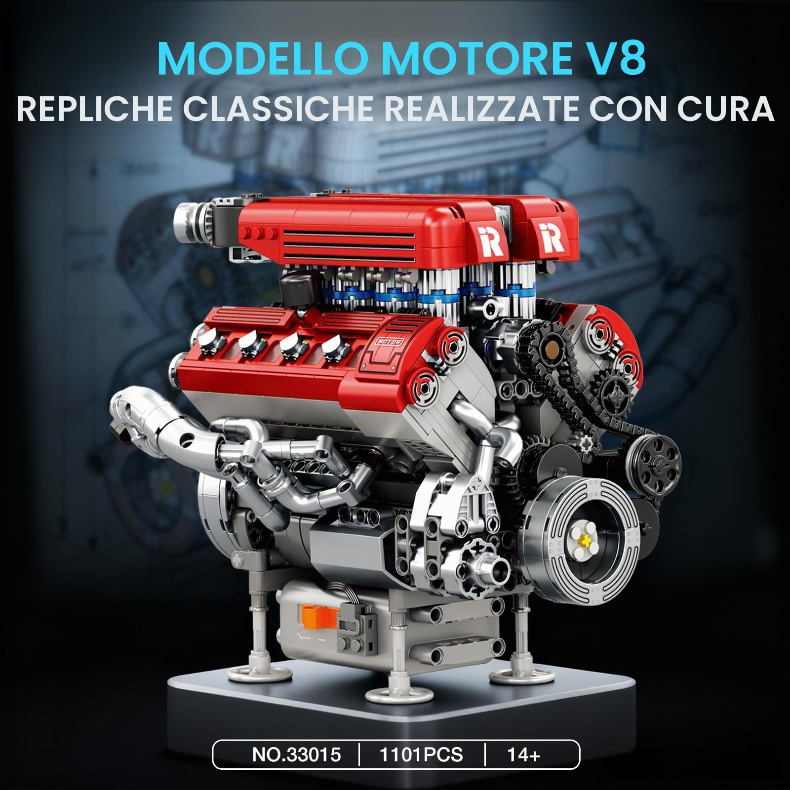 Reobrix Kit di modellini per motori V8 per adulti, 1101 pezzi, set di costruzione meccanica con movimento realistico del motore con motore, set di ingegneria per la costruzione di motori auto, regalo