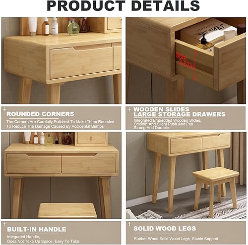 Miniatura 7 de Escritorio de tocador con espejo, juego de mesa de maquillaje con taburete acolchado y cajón, mesa de cosméticos, tocador de maquillaje pequeño para