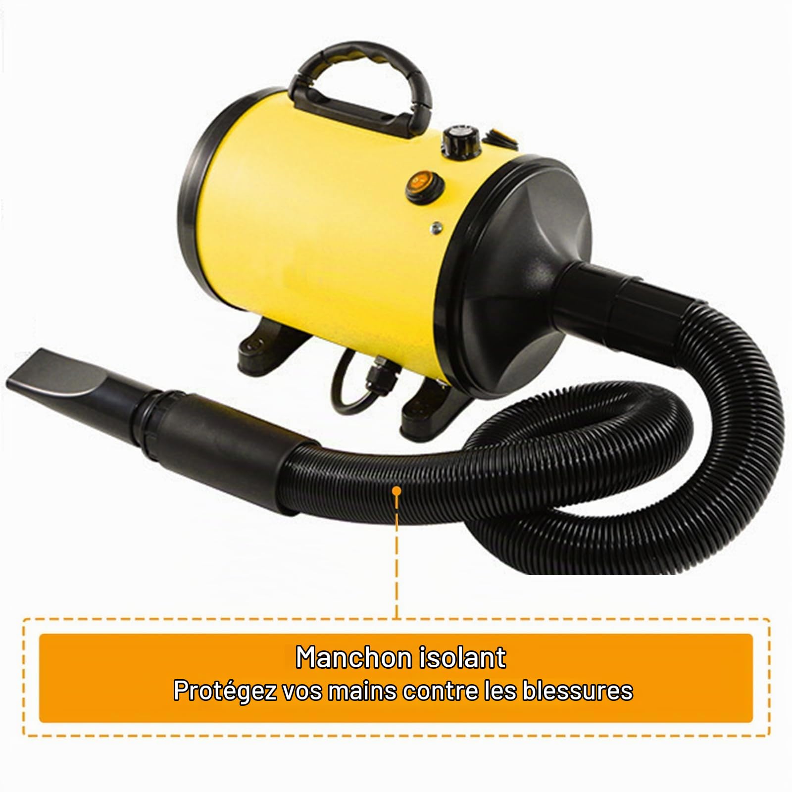 Pulseur pour Chien 2800W - Séchoir Professionnel pour Animaux avec Température Réglable et 4 Buses (Jaune)