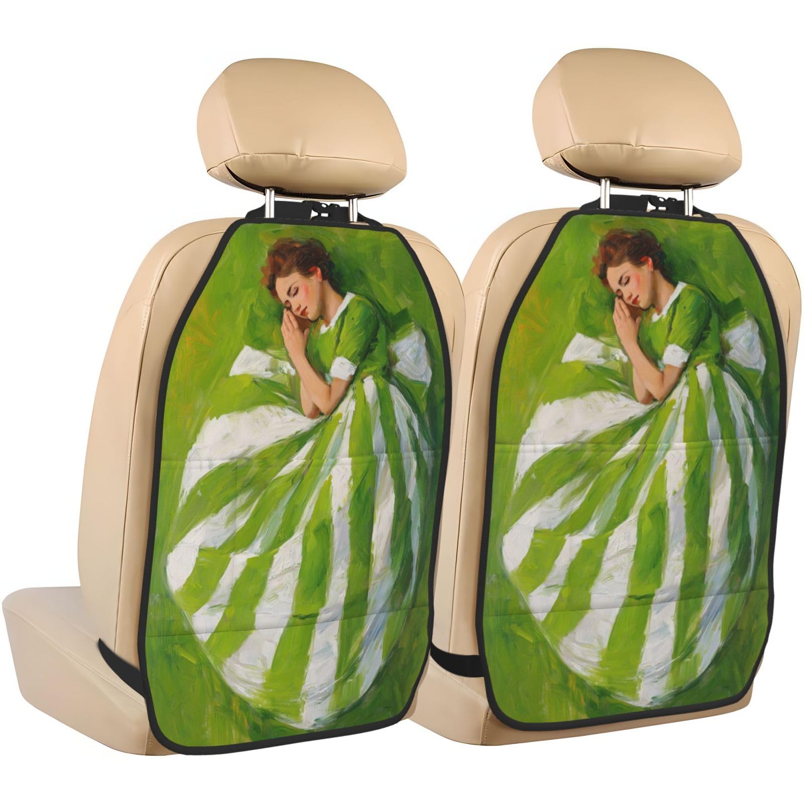 Watercolor Gouache Sleeping Woman Green Car Seat Back Kick Protectors,2 Pack Kick Mats with Storage Pockets for Vehicles to Protect from Dirt Mud Scratches