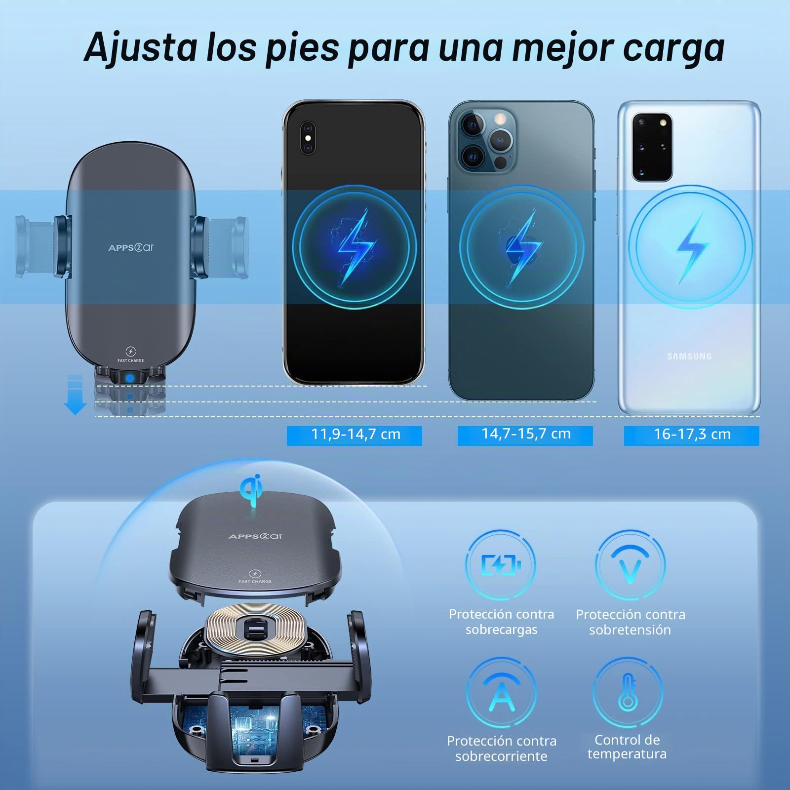 APPS2Car 15W Qi Cargador Inalámbrico Coche, Soporte Móvil Coche Cargador Inalámbrico para Ventosa Parabrisas Rejilla Aire, Compatible con iPhone 14/13/12 Samsung Galaxy etc(Cargador QI Incluido)