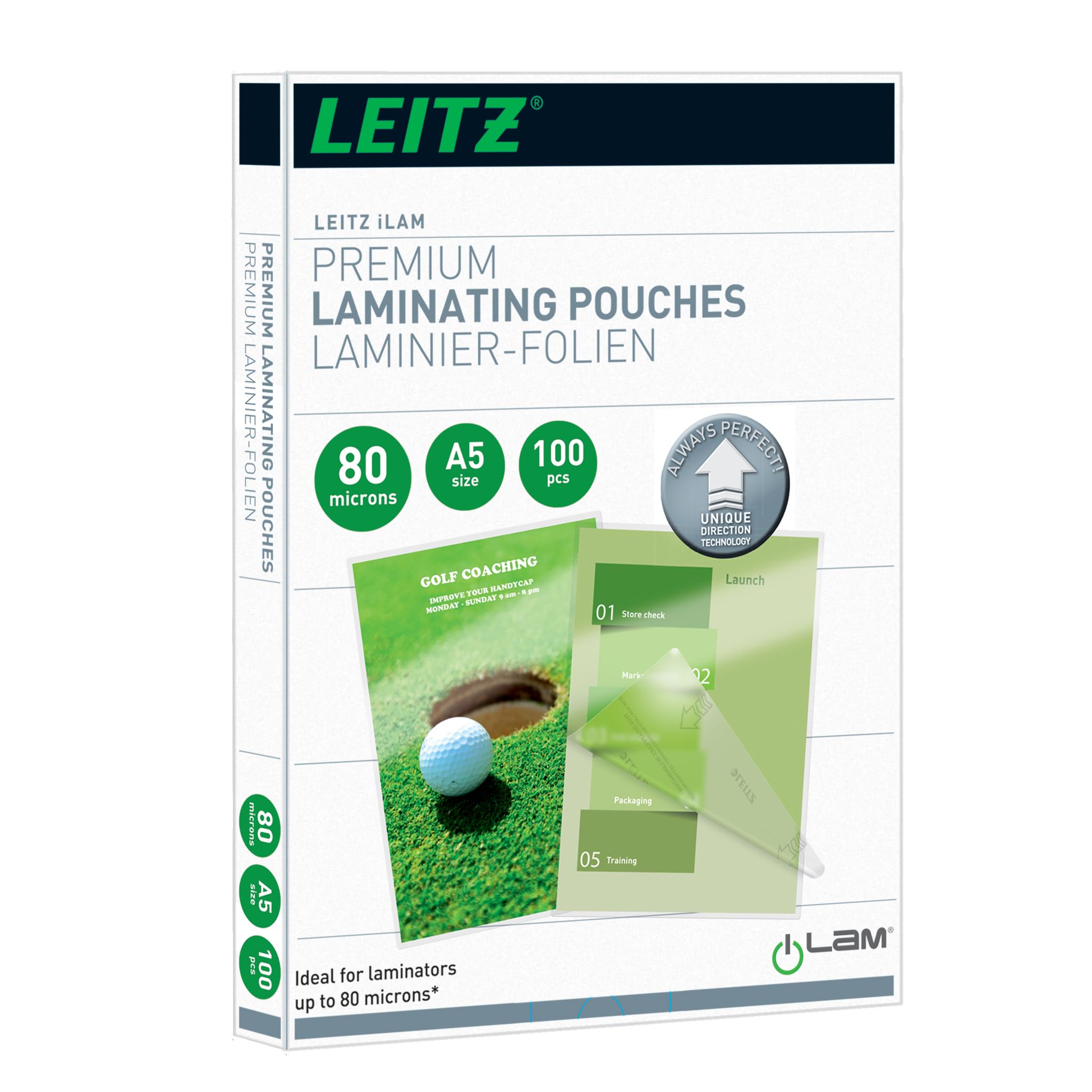 Leitz Heißlaminierfolien A5 80 mic, Laminierfolien in Premium-Qualität im 100er Pack, Glänzend, Transparent, Vereinfachtes Einlegen durch UDT, iLAM, 74920000