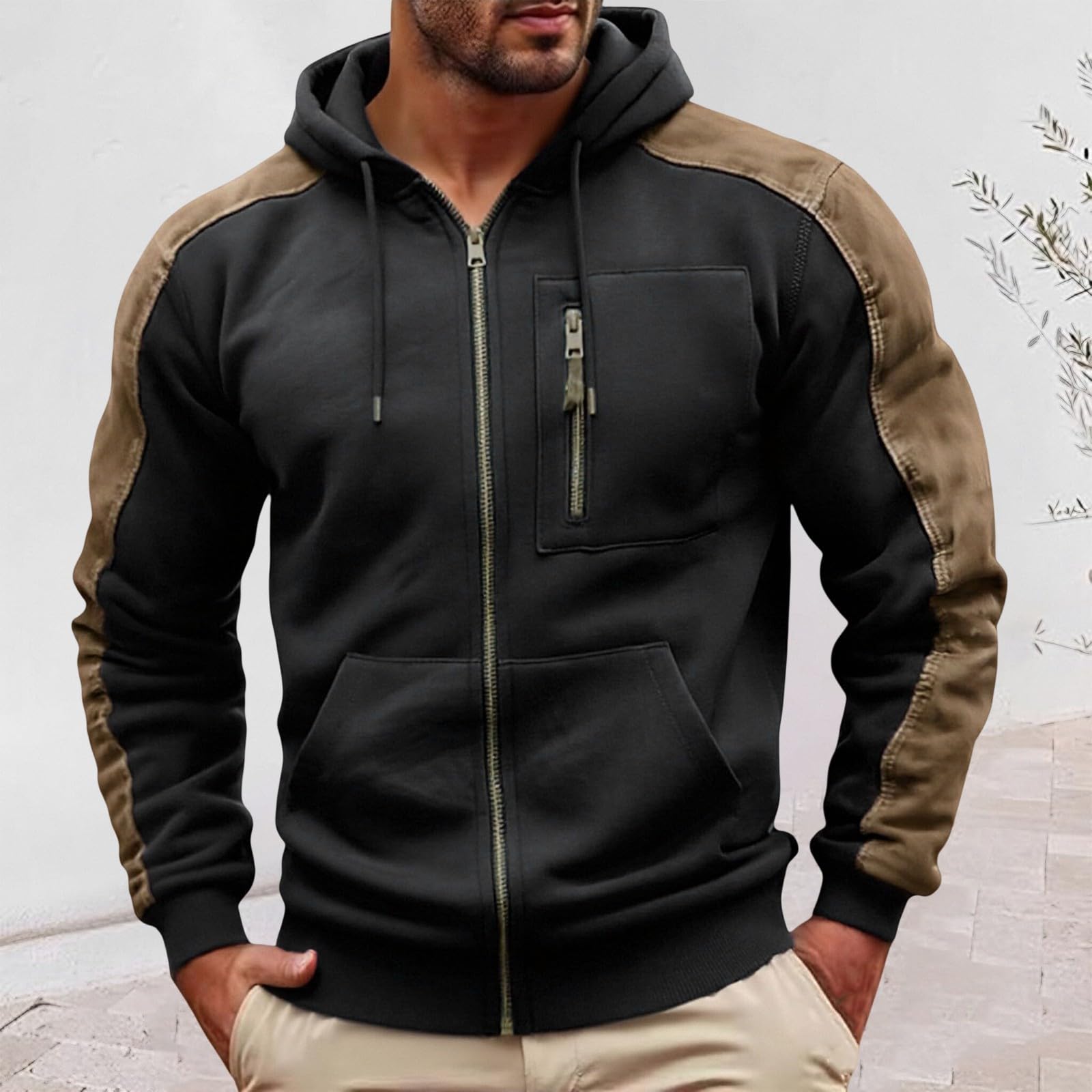 Felpa da uomo con cappuccio e zip intera a contrasto marrone