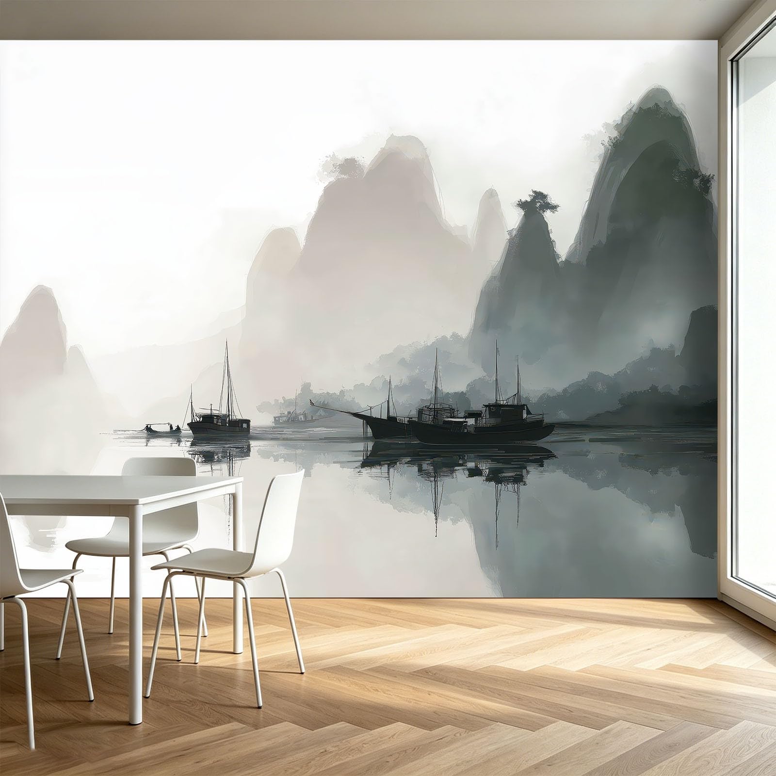 Panoramiczna tapeta Górskie chmury i mgiełka Mała łódź 250 x 175 cm Fototapeta, Malarstwo Tuszem Nowoczesne Fototapety - Włóknina Gobelin do Salonu Biura Herbaty