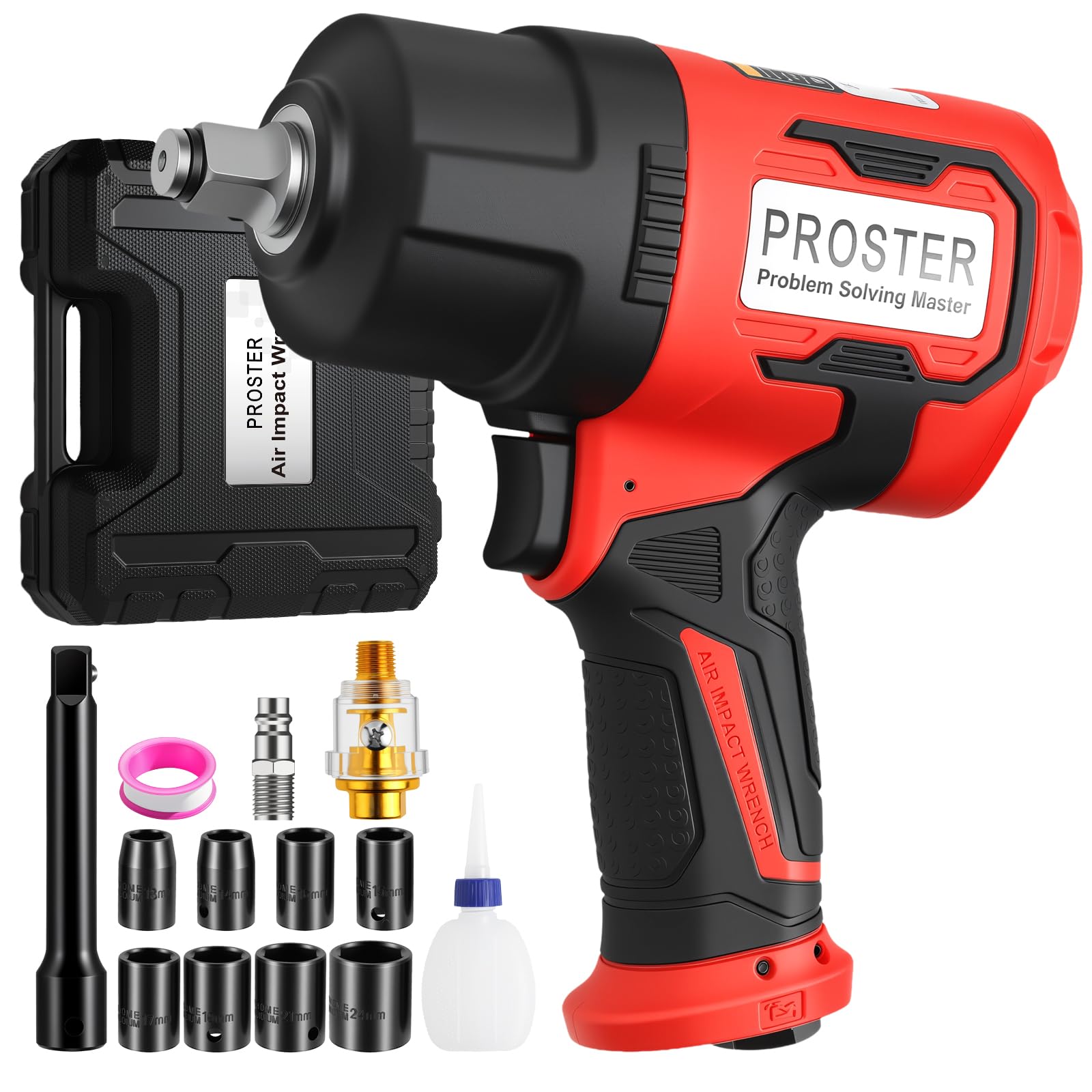 Proster Clé à Chocs Pneumatique 1/2 Pouce, 2170 Nm Couple Élevé, Double Marteau 8500 tr/min, Outil à Air Comprimé pour Réparation Automobile Garage Mécanicien avec 8 Douilles CR-V, Rallonge et Coffret