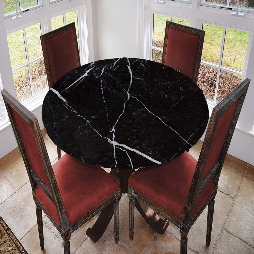Round Marble Table Cover, Vintage Marble Pattern Abstract, Elastic Edge, Water and Oil Resistant wipeable Polyester Fabric, Suitable for Kitchen Party Picnic, Fit for 62" Table,