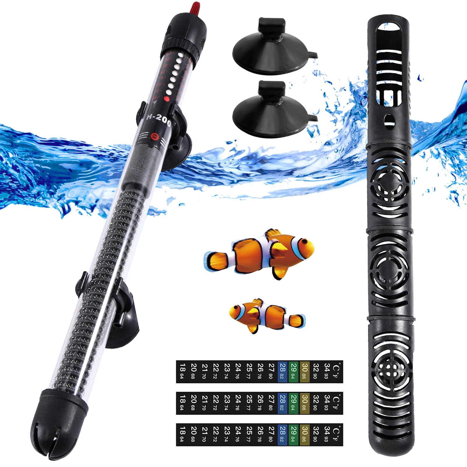 Chauffage d'aquarium 300W 300 L, Tige chauffante pour Aquarium à température réglable avec ventouses, Tige chauffante pour Aquarium avec 3 Autocollants thermomètre