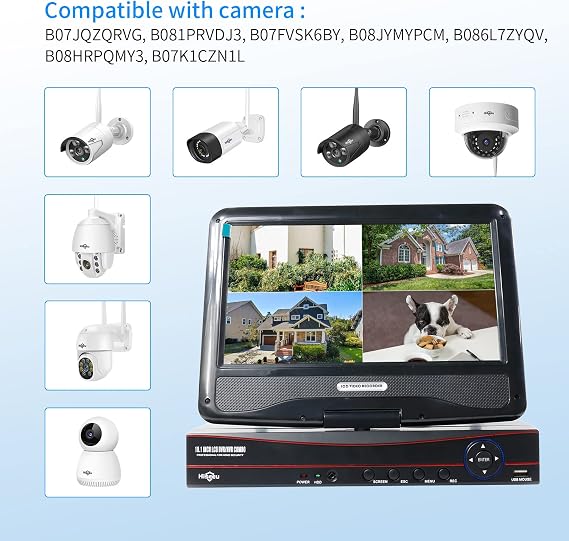 No HDD 10'' LCD Wireless WiFi NVR 10 Channels Network Video Recorder, Motion Detection Zones, 24/7 Record, Work with Hiseeu HiseeuCloud 1080P/3MP/5MP Wireless Camera