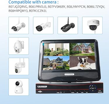 No HDD 10'' LCD Wireless WiFi NVR 10 Channels Network Video Recorder, Motion Detection Zones, 24/7 Record, Work with Hiseeu HiseeuCloud 1080P/3MP/5MP Wireless Camera
