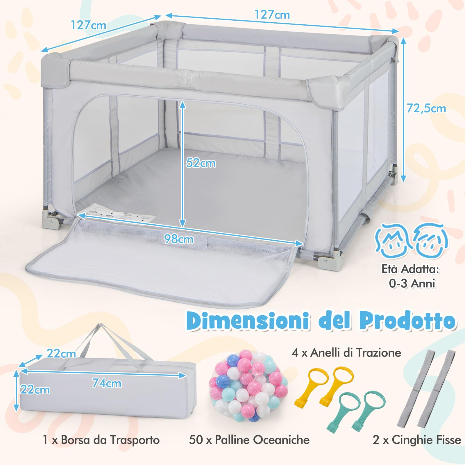 RELAX4LIFE Parque Infantil Bebe 127 x 127 cm con 4 Anillas y 50 Bolas Oceánicas, Corralito Bebe con Bolsa de Trasnporte, Puerta con Cremallera, Parque de Juegos para Niños de 0-3 Años (Gris)