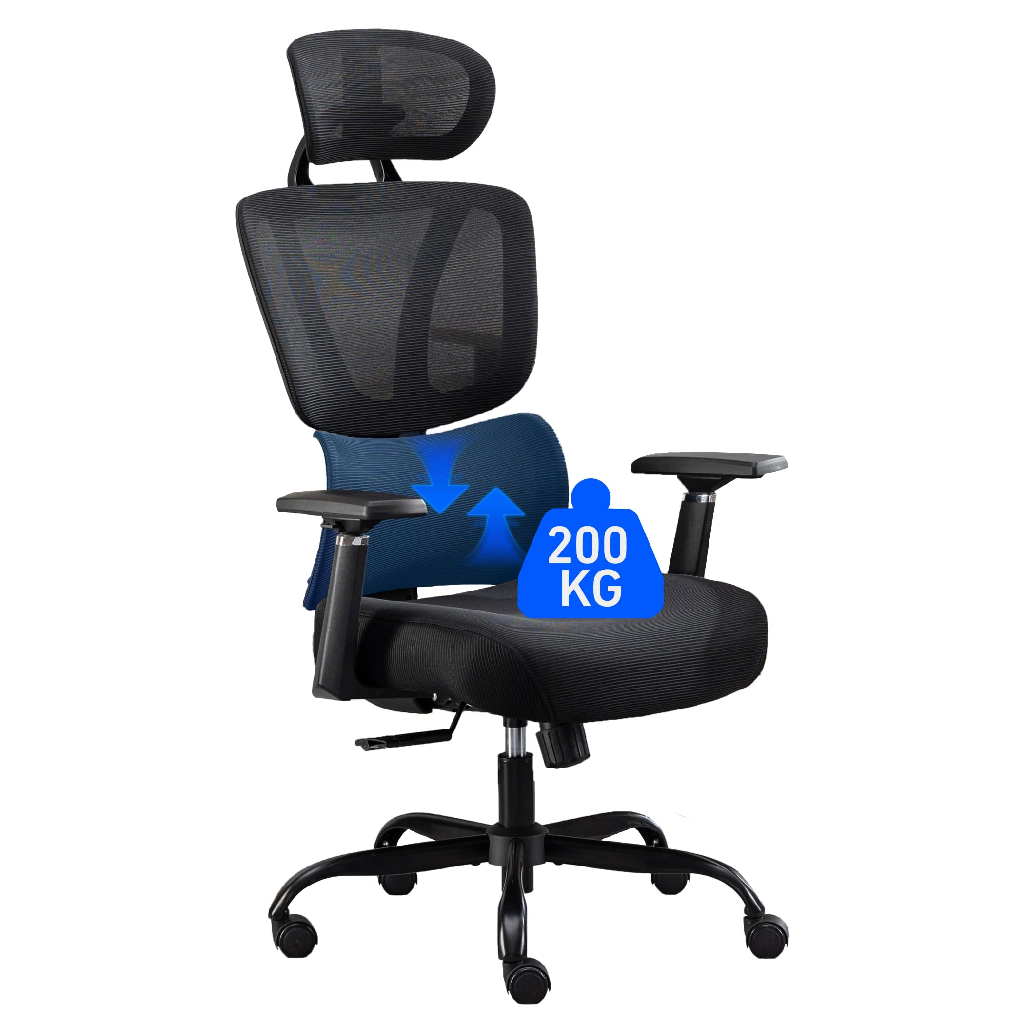 BRTHORY Silla de Oficina Ergonómica de Escritorio, Malla Transpirable, con Soporte Lumbar Ajustable/Reposabrazos 3D/Reposacabezas, Función de Balanceo/Regulable en Altura, Carga de 200 kg