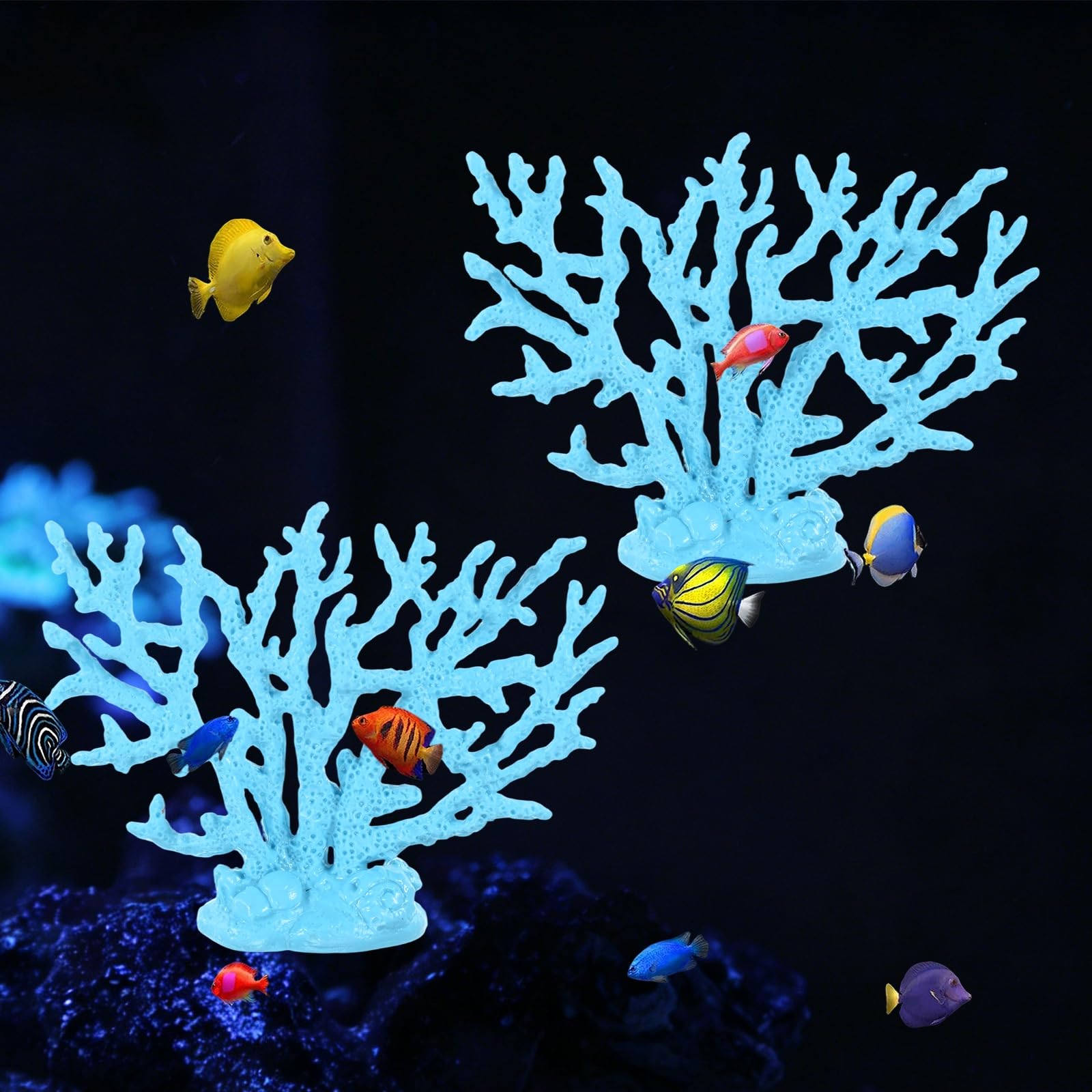 M METERXITY 2 Pack Fake Coral Fish Decorations for Tank, PVC Coral Decor, Artificial Fish Aquarium Decor [Blue, 3.94'' x 6.1'' x 2.95'',L x W x H]
