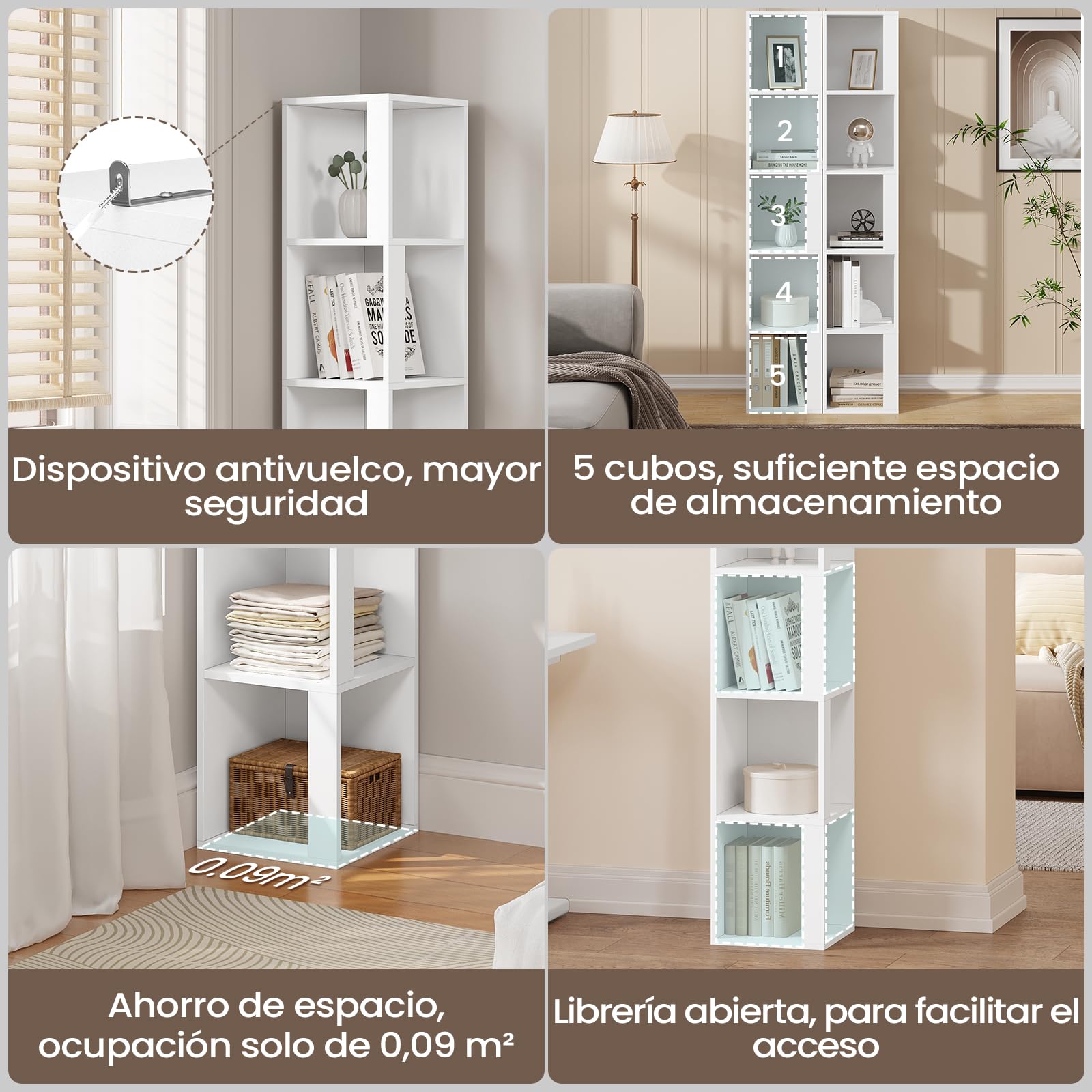 eSituro Libreria de 5 Niveles, Estanteria Vertical para Libros | Libreria Alta y Estrecha, Estanteria de Almacenamiento para Estudio, Oficina y Salón, Blanca, 30x159x30 cm