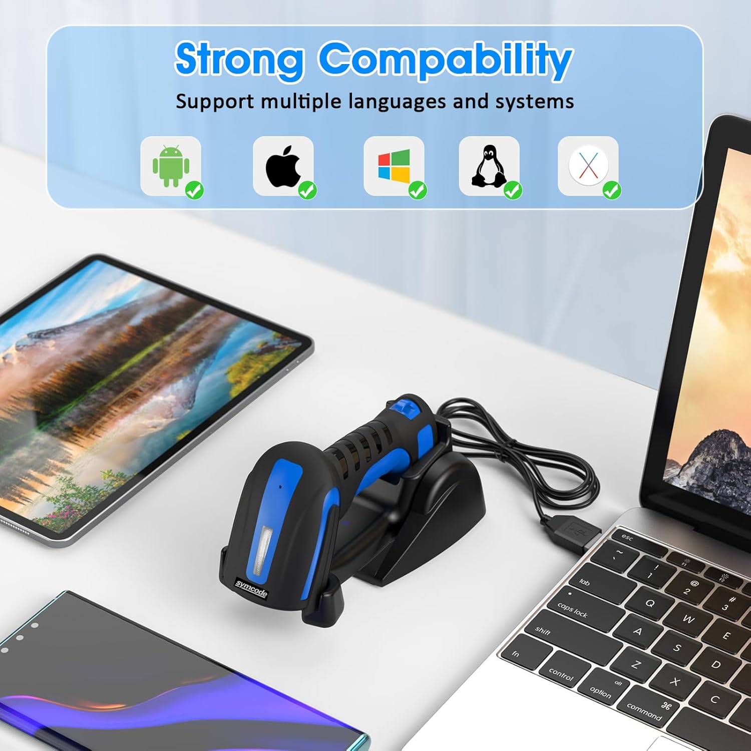 Icons for Android, Apple, Windows, and Linux showing compatibility