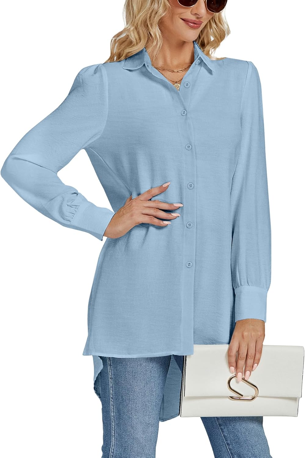 LYANER Women's Collar V Neck Split Hem Button Down Long Sleeve Long Shirt Blouse Tunic Top - Image 3