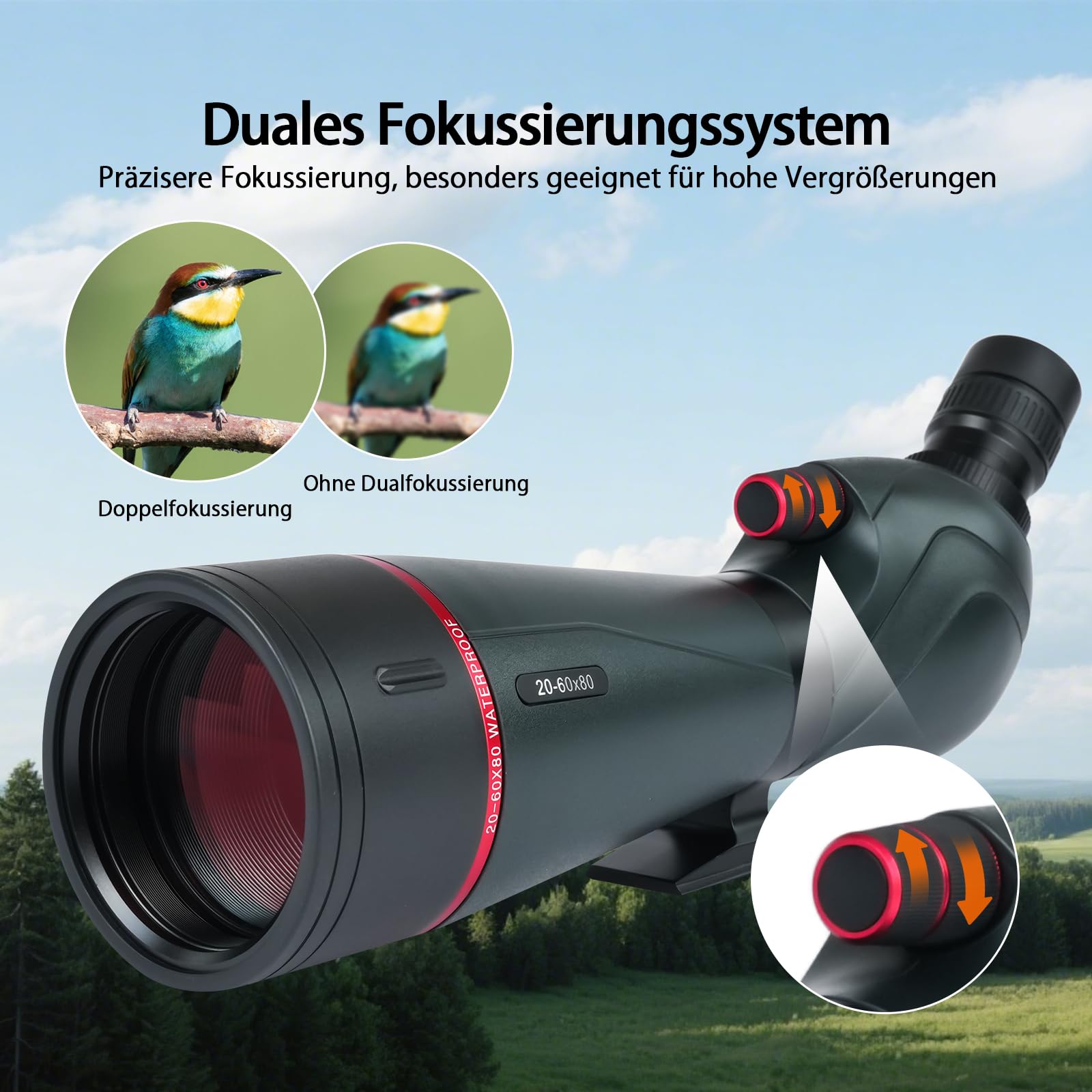 Svbony SV406 20-60x80mm Longue-vue Puissante avec Adaptateur Téléphone, HD FMC BAK4 Double Focalisation, 1,25'' Oculaire Amovible, IPX7 Étanche avec Trépied,pour Observation Oiseaux Faune Photographie