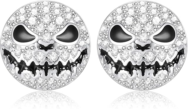 LOLIAS 925 Sterling Silver Halloween Skull Earrings Nightmare Before Christmas Skull Earrings Halloween Jewelry Jack Skull Charm Crystal Horror Earrings