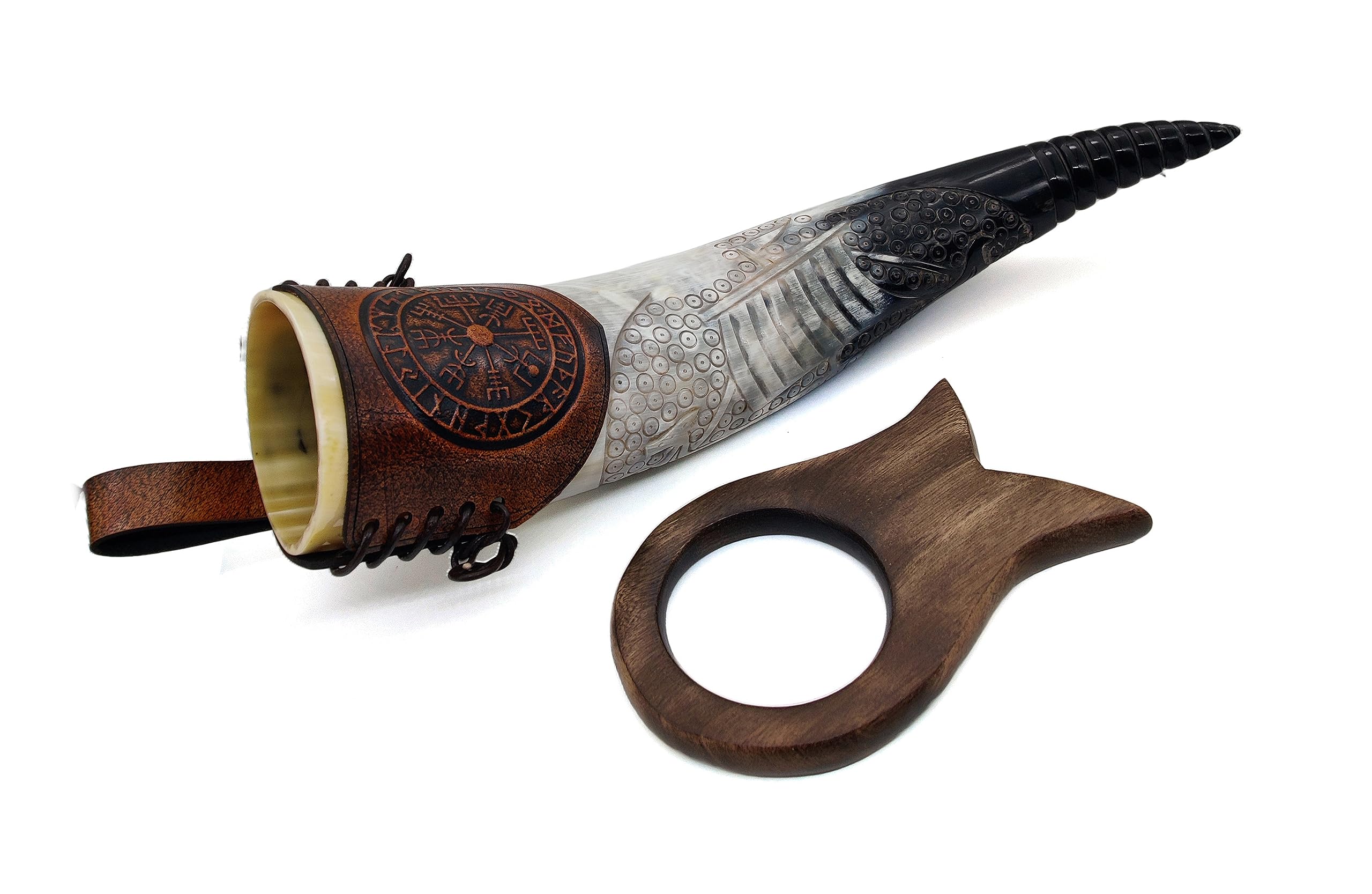 Corno Vichingo Da 30.5 Cm Con Bussola Incisa E Fondina In Pelle – Autentico Bicchiere In Corno Di Bue Per Birra E Idromele