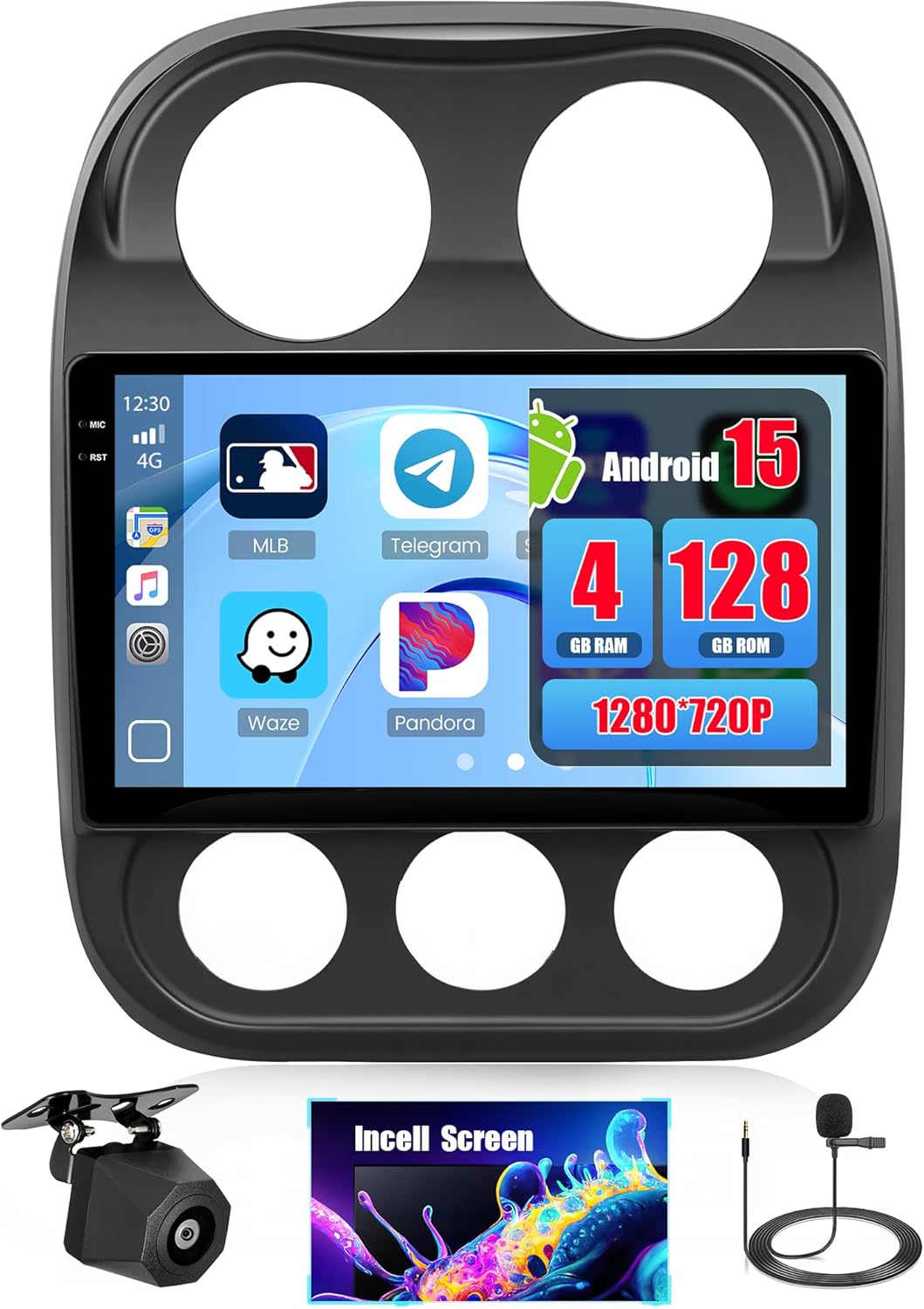 4+128GB Android 15 Car Radio for Jeep Compass Patroit 2010-2016 Wireless Carplay Android Auto, Realdio 10.1" in-Cell Touch Screen Car Stereo with WiFi Bluetooth GPS FM/RDS EQ SWC+Backup Camera+MIC