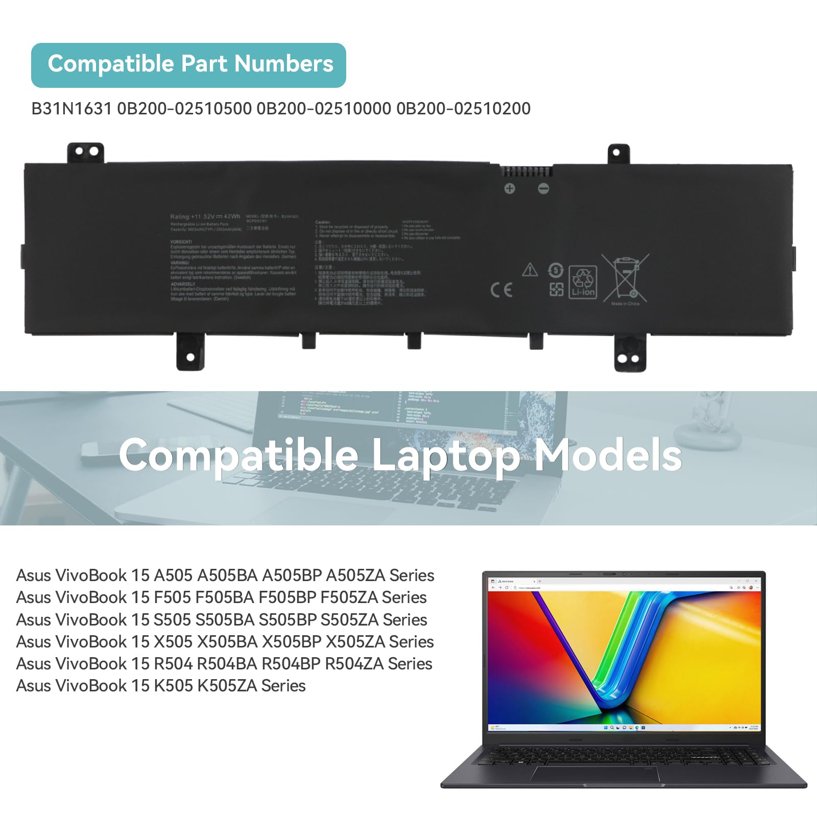 K KYUER B31N1631 Laptop Batterie pour Asus VivoBook 15 A505 F505 S505 X505 X505BA X505BP X505ZA A505BA A505BP A505ZA F505BA F505BP F505ZA S505BA S505BP S505ZA K505ZA R504BA R504BP R504ZA X505ZA-BQ117T