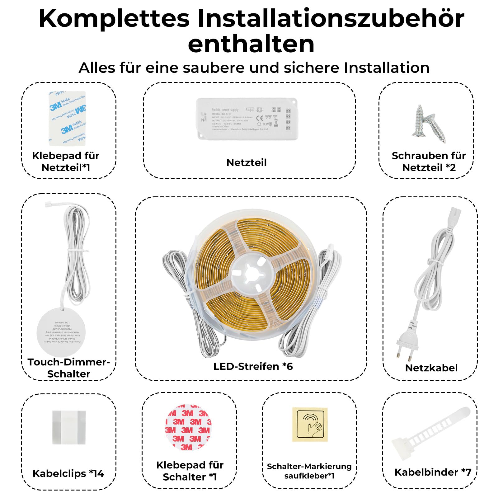 6 x 1M COB LED Strip Set Dimmbar mit Touch-Steuerung für Akustikpaneele, Vitrinen, Kleiderschränke, Küchen, Weinschränke, Regale und mehr, 3000K