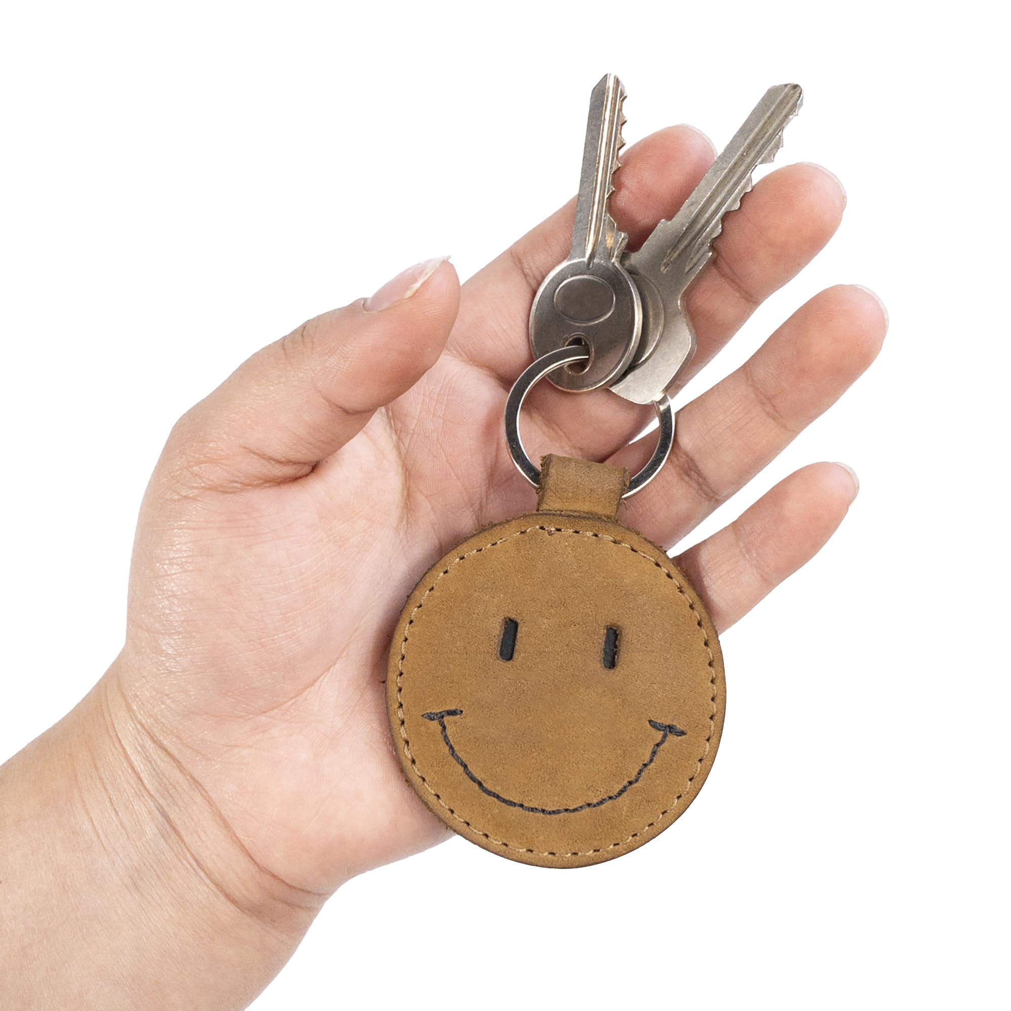 Hide & Drink, Leather Smiley Face Keychain/Key Ring/Holder/Cute Gifts/Accessories, Handmade :: Old Tobacco
