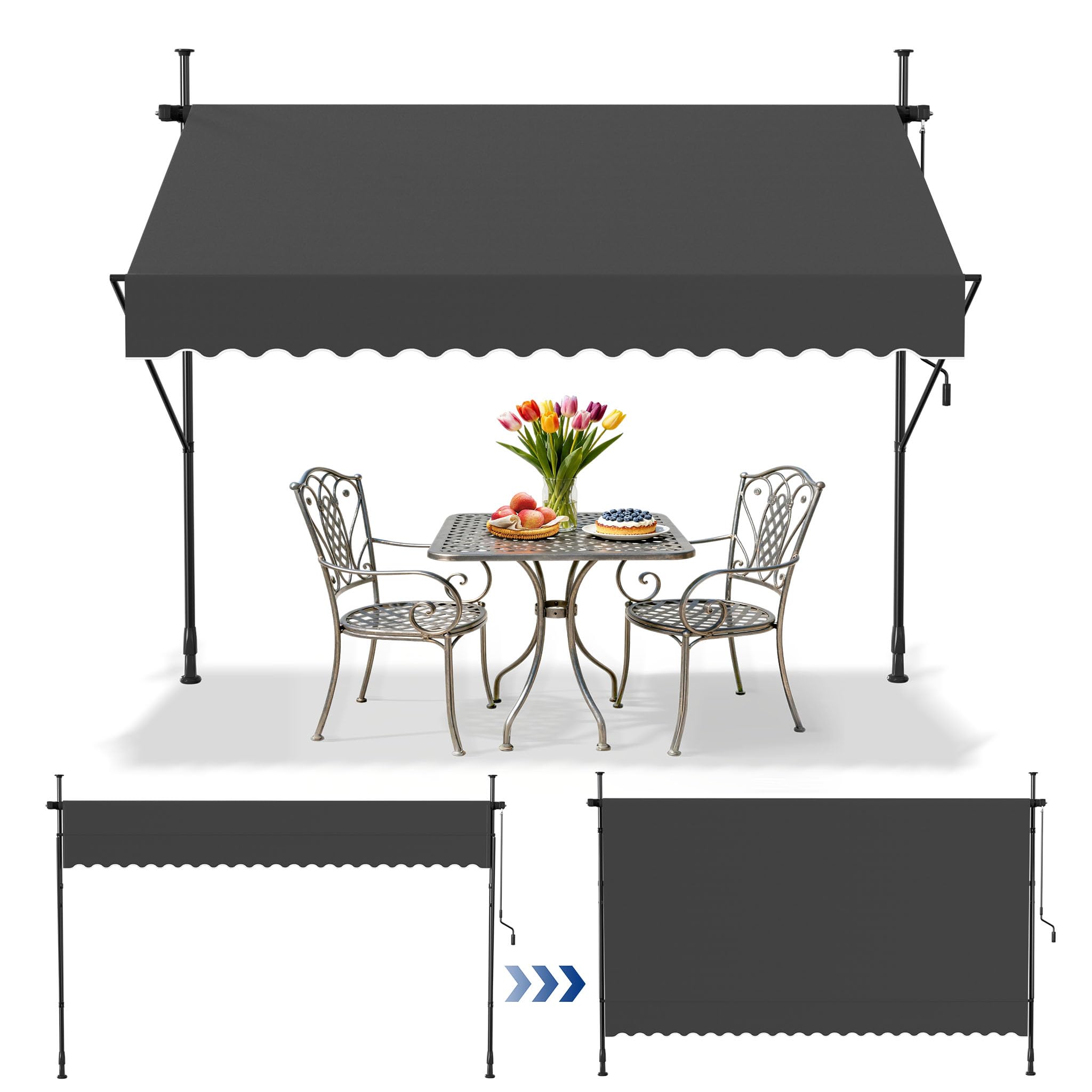 Markiza zaciskowa na balkon, markiza przeciwsłoneczna, zwijana, ręczna, z regulacją wysokości, odporna na działanie promieni UV, do domu, na balkon, do restauracji, ogrodu, ciemnoszara, 250 x 120 cm