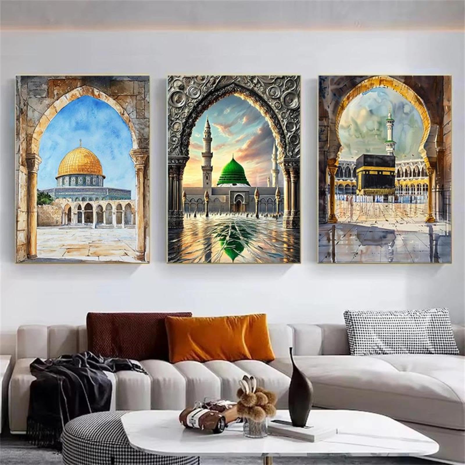 Baibexing Al-Aqsa Masjid Mosque Kaaba Islamic Canvas Painting Morocco Wall Art Poster Print Picture Living Room Home Decor 60X80Cmx3Pcs Unframed