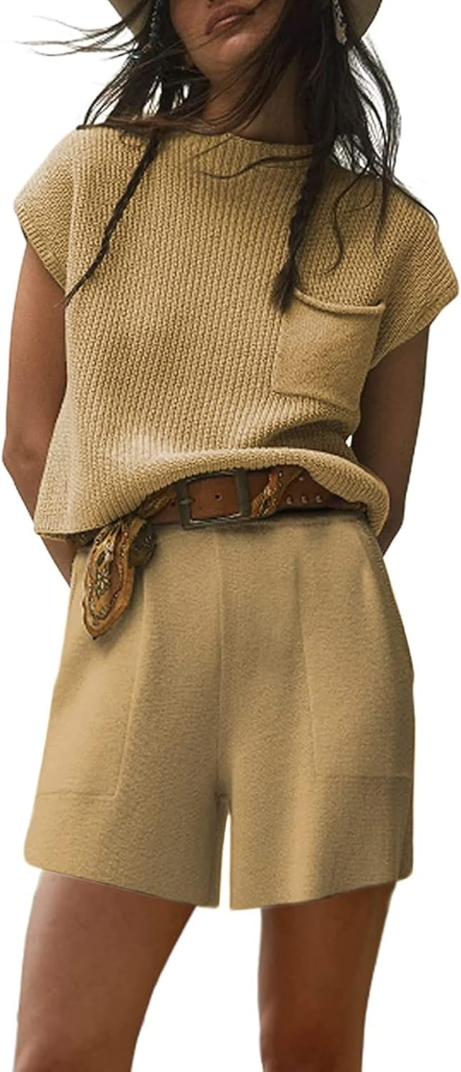Yozazzy Womens Two Piece Outfit Knit Pullover Tops and Drawstring Short Lounge Set with Pocket Large 02 Khaki