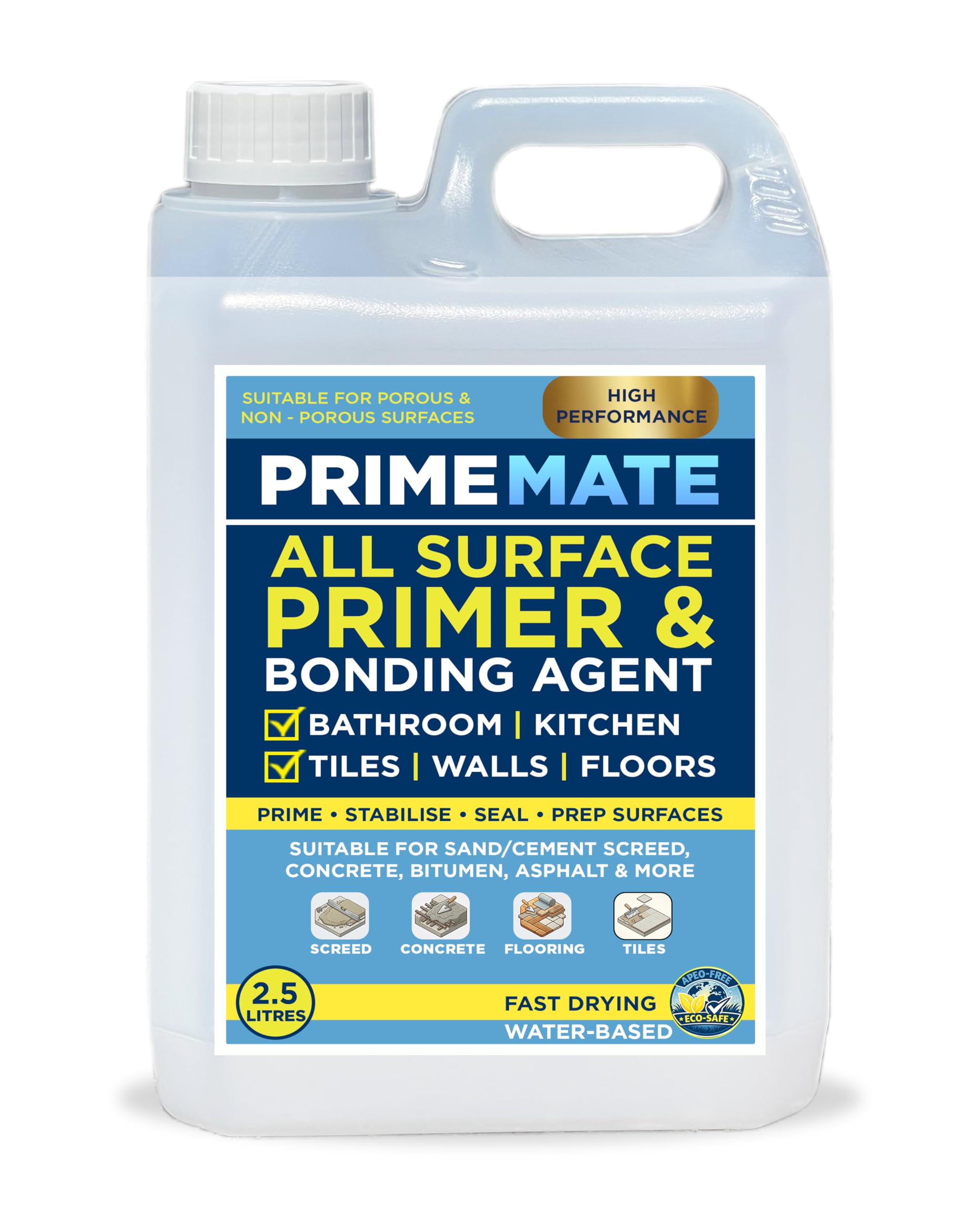 PrimeMate 2.5L All Surface Waterproof Primer & Bonding Agent for Bathroom Kitchen Tiles Walls Floors APEO Free - Prime Stabilise Seal & Prep - Suitable for Sand/Cement Screed Concrete Bitumen & More