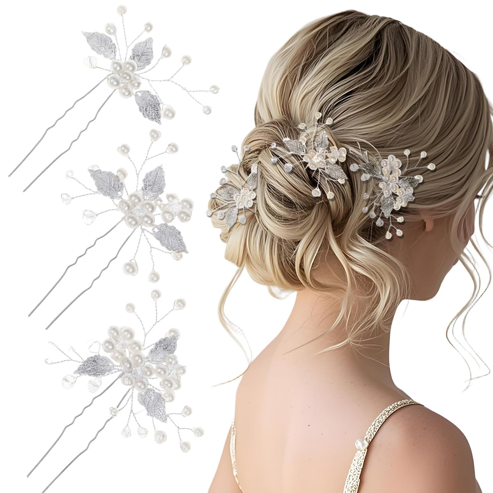 3PCS Silver Leaf Hair Pins U-Shaped Wedding Hair Accessories for Women and Girls, Bride Silver Hair Clips Leaf Headpiece for Bridesmaids, Prom, Party Updo Styling