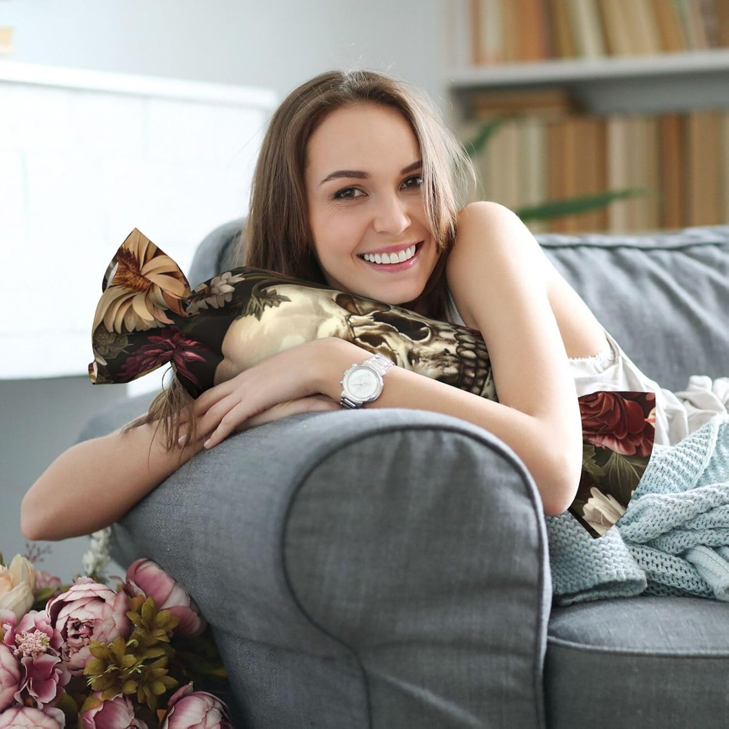 Floral Skull Print Candy Cylindrical Comfortable Pillow Throw Pillows Home Decor Easy Maintenance