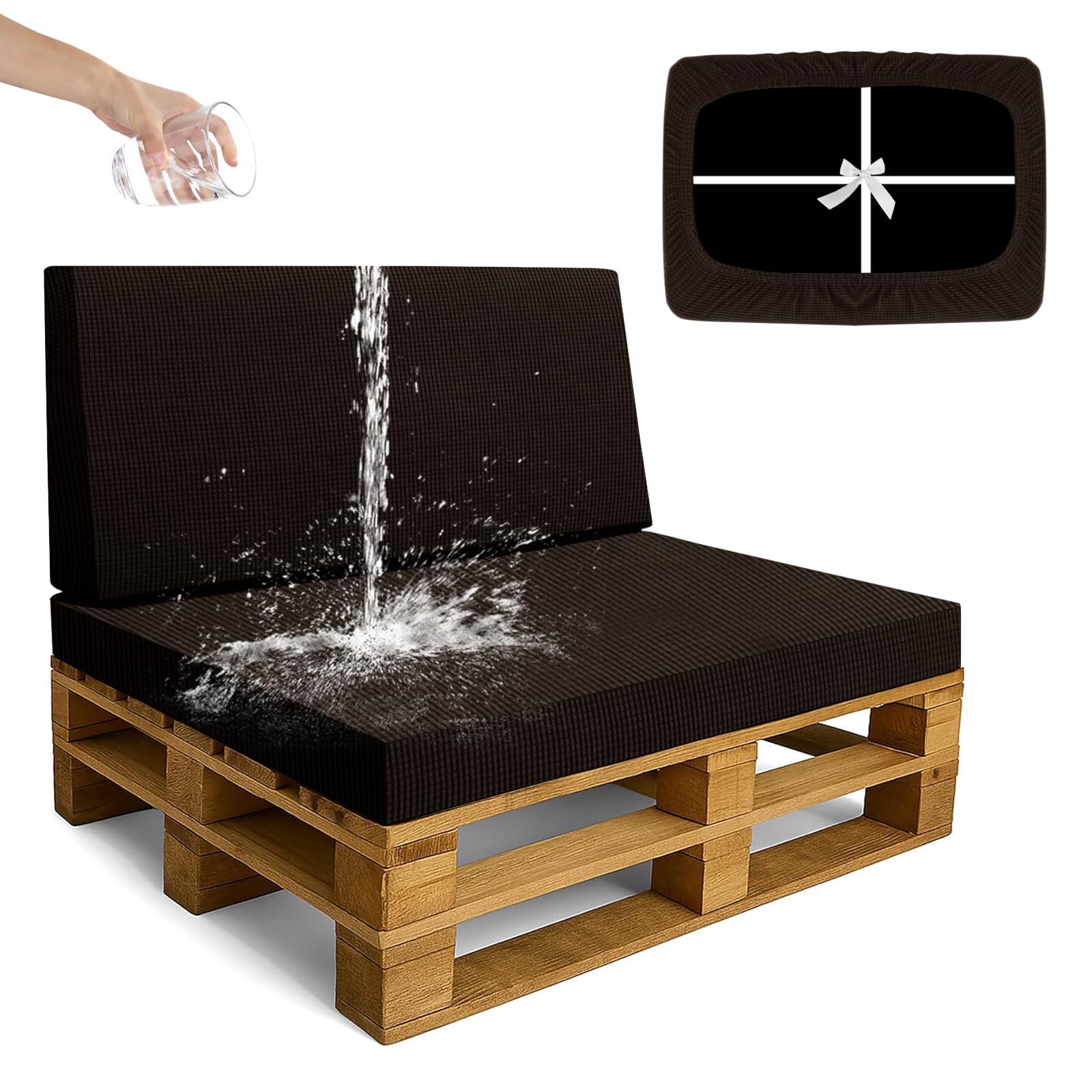 SYLC Waterproof Pallet Cushions Covers, Stretch Cover for Pallet Furniture Cushions with 4 Ties, Outdoor Corner Sofa Covers for Rattan Patio Garden Caravan (Coffee,2 PCS(1 Seat+1 Back))