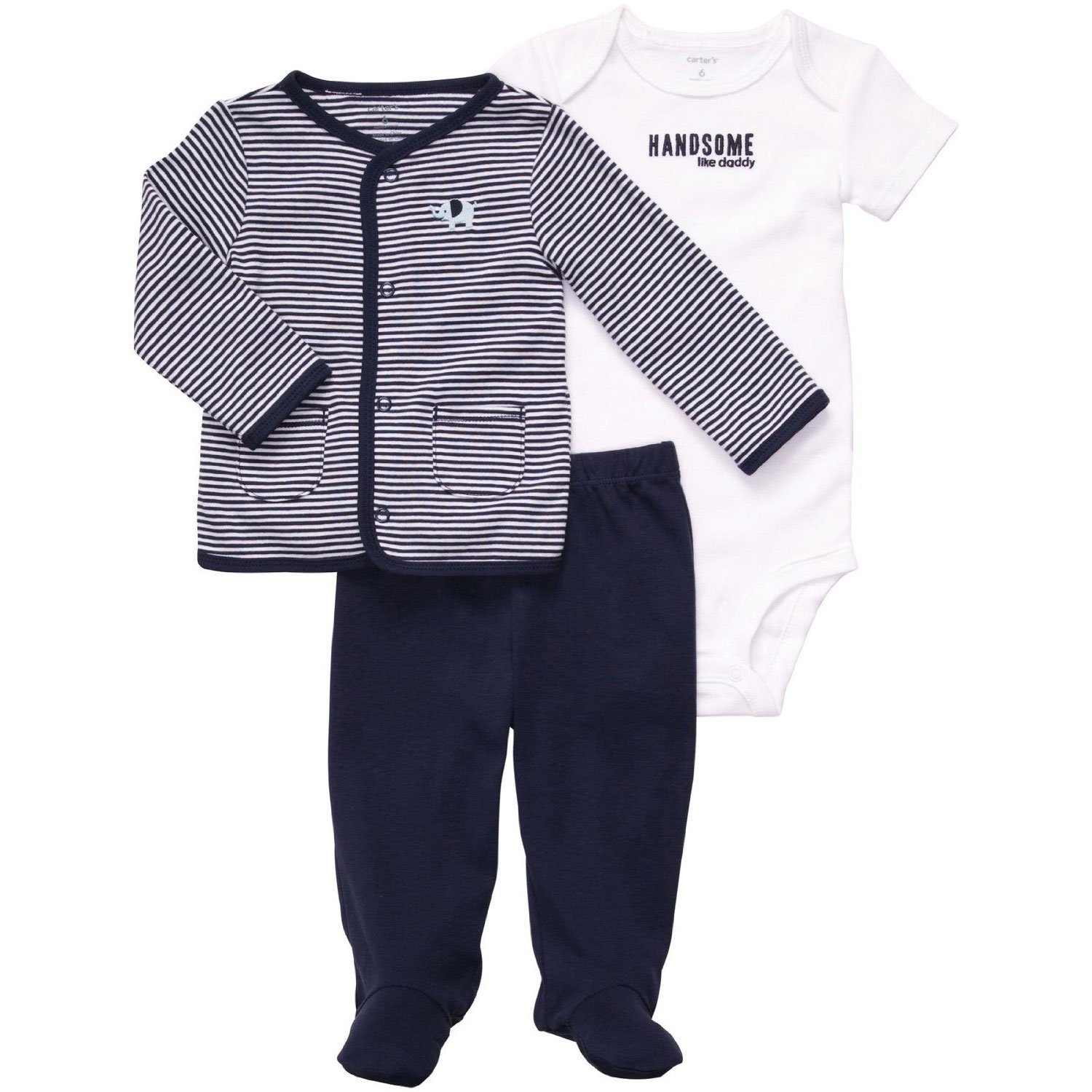 Carter's Juego de 3 piezas con pies para bebé, elefante azul marino, 6 meses, elefante azul marino, 6 meses