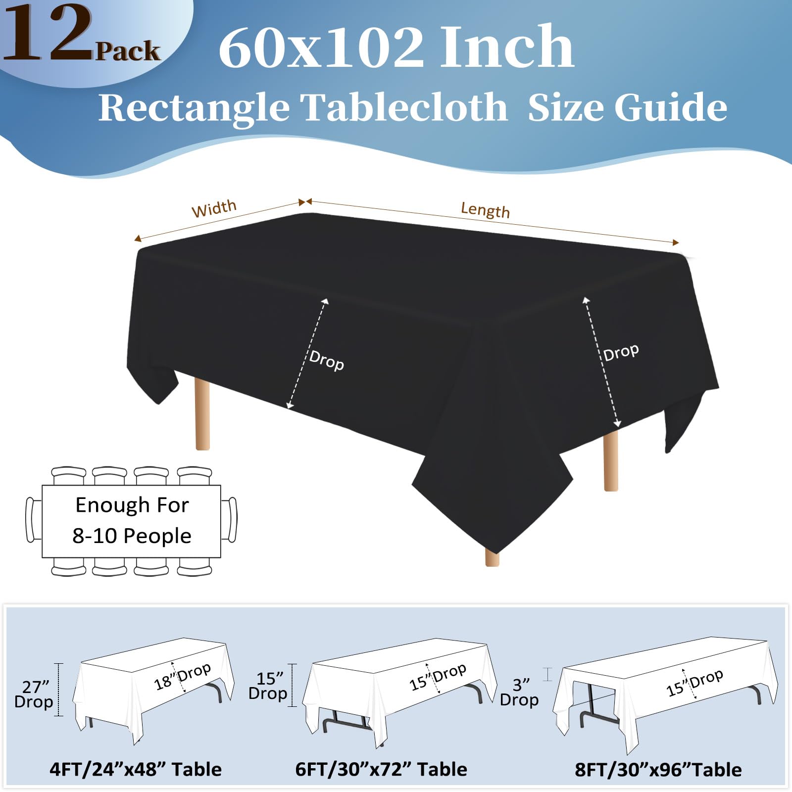 Confezione da 12 tovaglie nere 152 x 250 cm per tavoli rettangolari da 1,8 m, resistenti alle pieghe, lavabili, in tessuto per sala da pranzo, matrimoni, banchetti, campeggio e feste