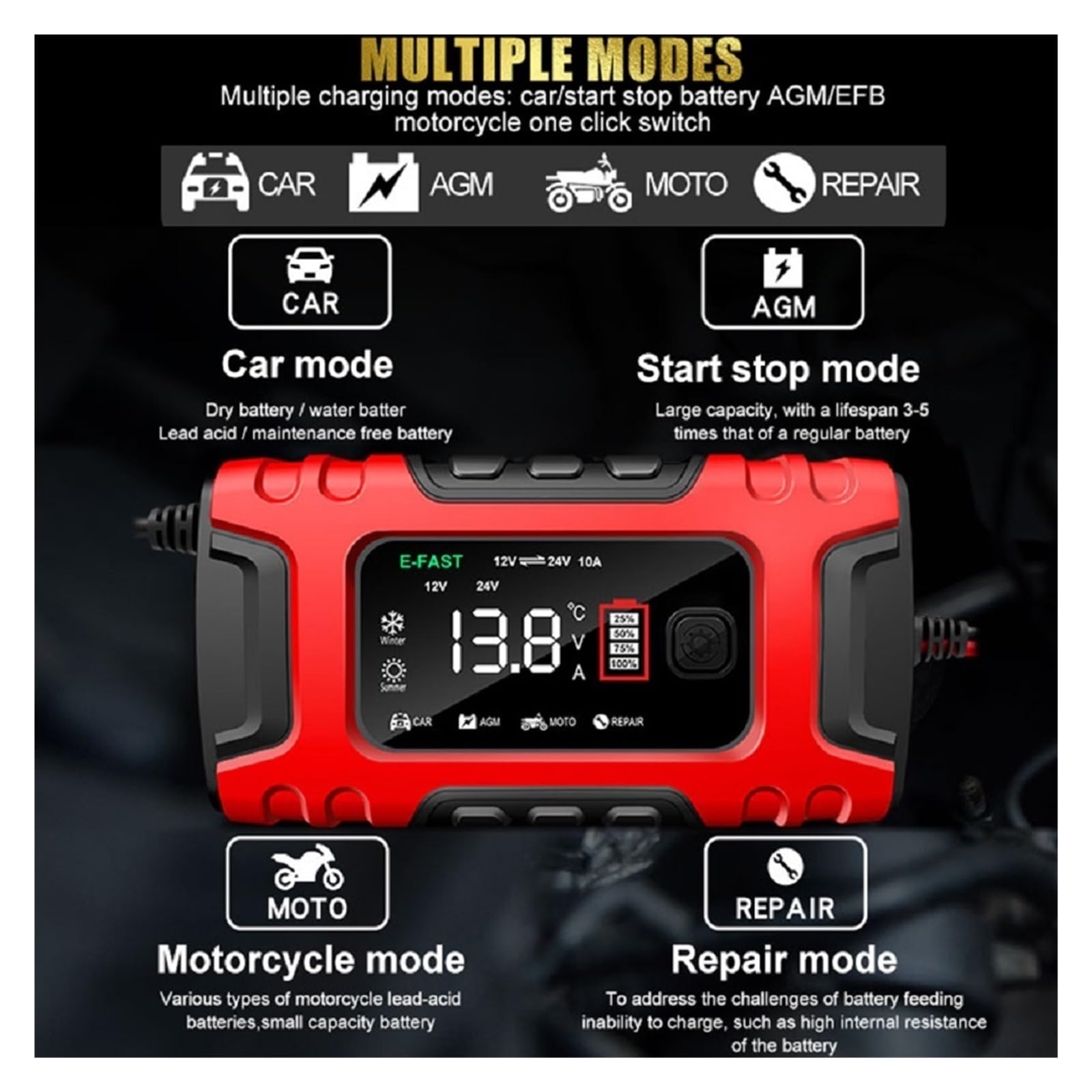 Cargador De Batería Coche Inteligente 7 Etapas 12V-24V, Digital 10A Completamente Automático, Reparación Pulso For Ácido Plomo Carga De PrecisióN(Yellow)