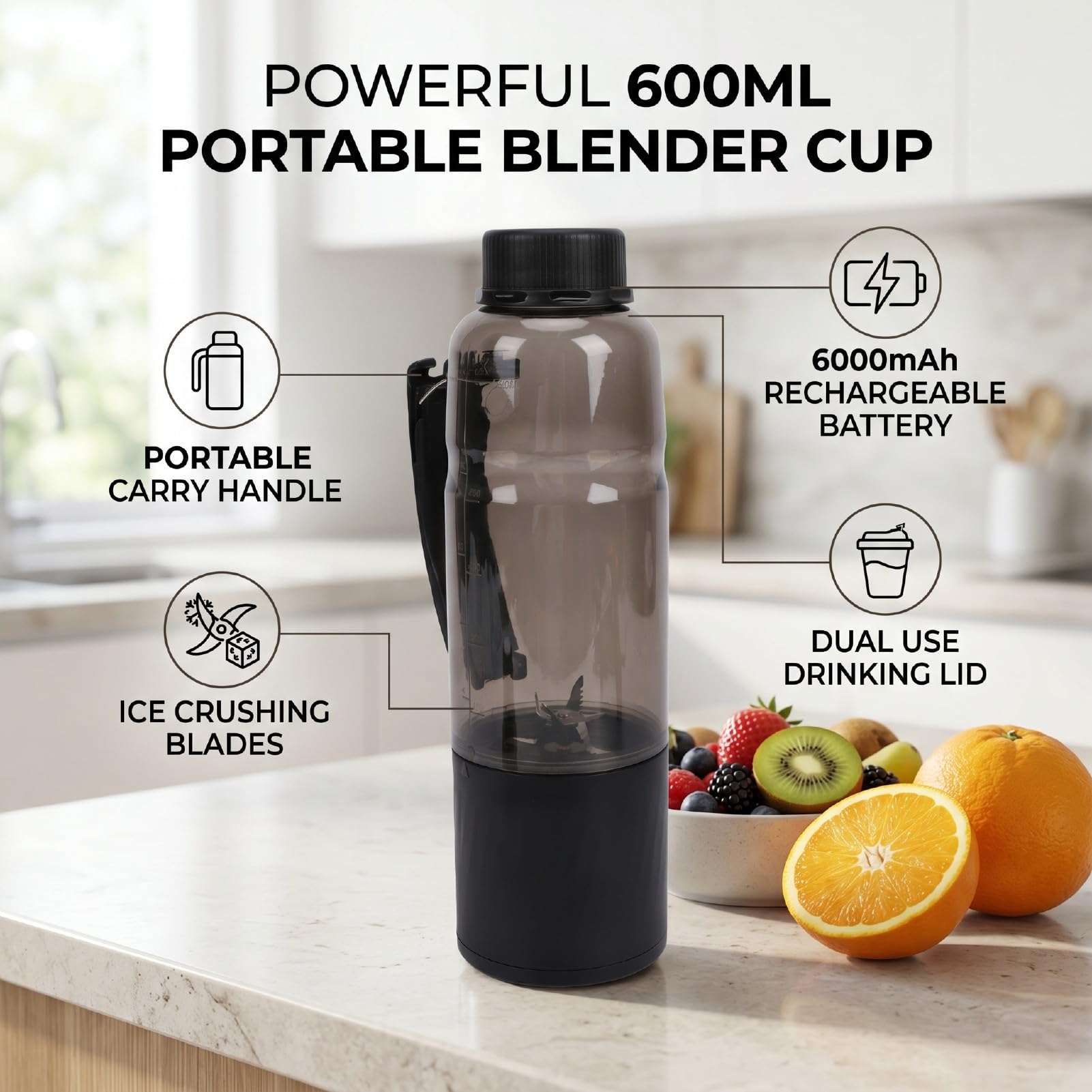 PUSOKEI Licuadora Portátil Vaso 600ml Recargable USB para Batidos (BLACK)