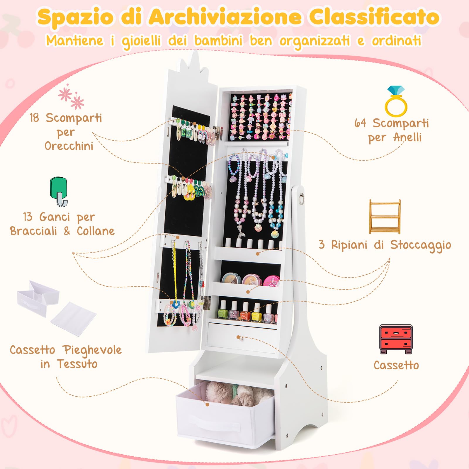 Armadio Portagioie Per Bambini COSTWAY Con Specchio E 3 Cassetti - Ideale Per Camera Da Letto, Bianco - Foto 5