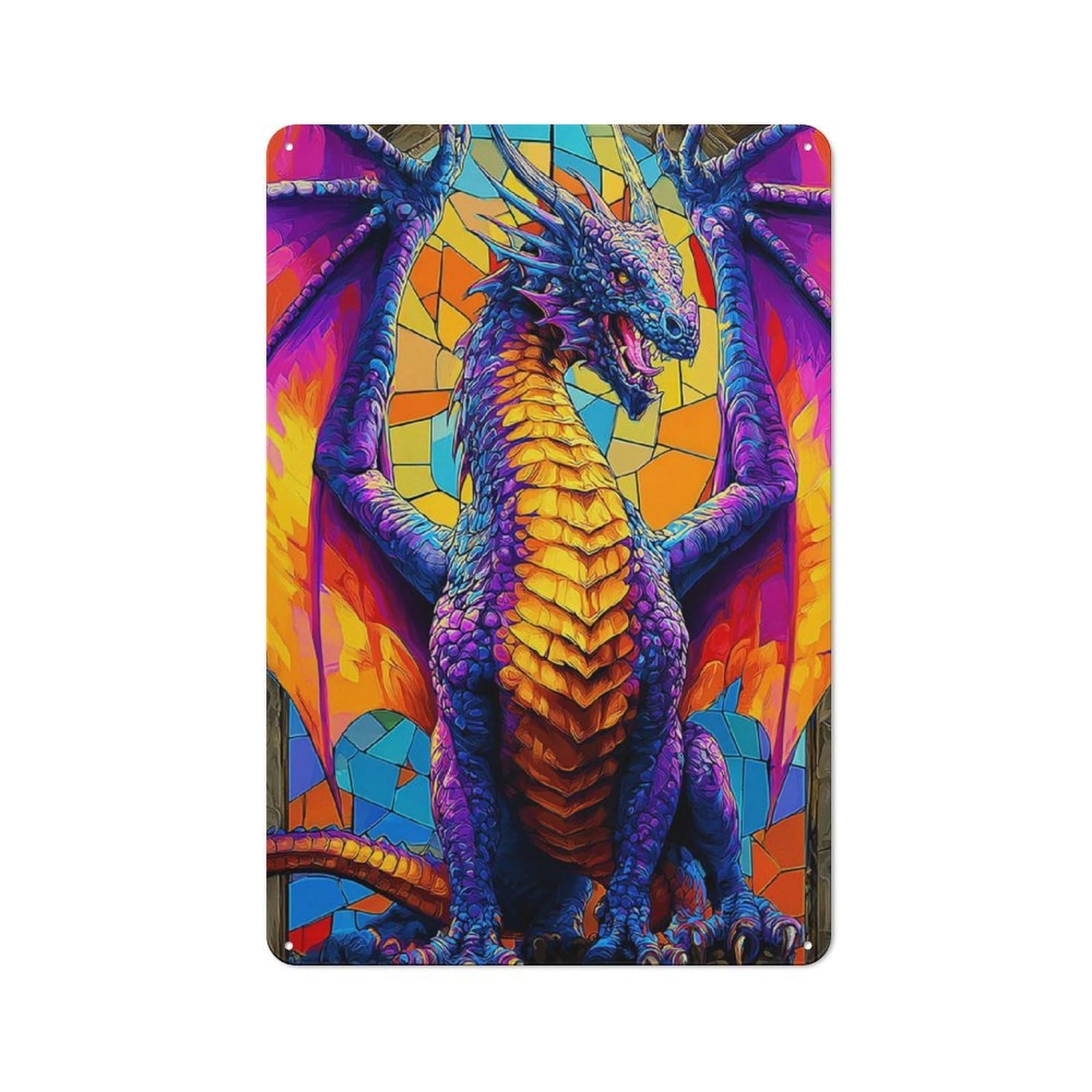 Junmoney Colorful Dragon Stained Glass Artwork Metal Wall Sign 30X20cm Featuring For Hallway Wall, Suited To Wall Display Collectors