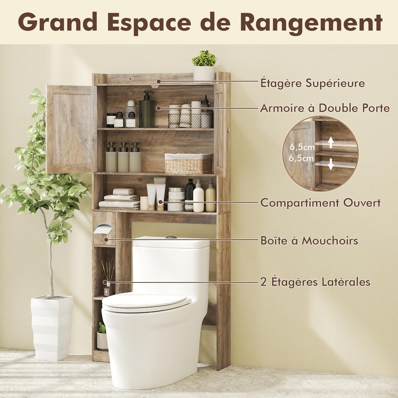 COSTWAY Meuble Toilette Étagère WC, Double Porte, Étagère Réglable, Porte-Papier Toilette, Meuble WC Rangement Gain de Place, 81,5 x 19,5 x 172,5, pour Salle de Bain, Buanderie (Gris Vieilli)