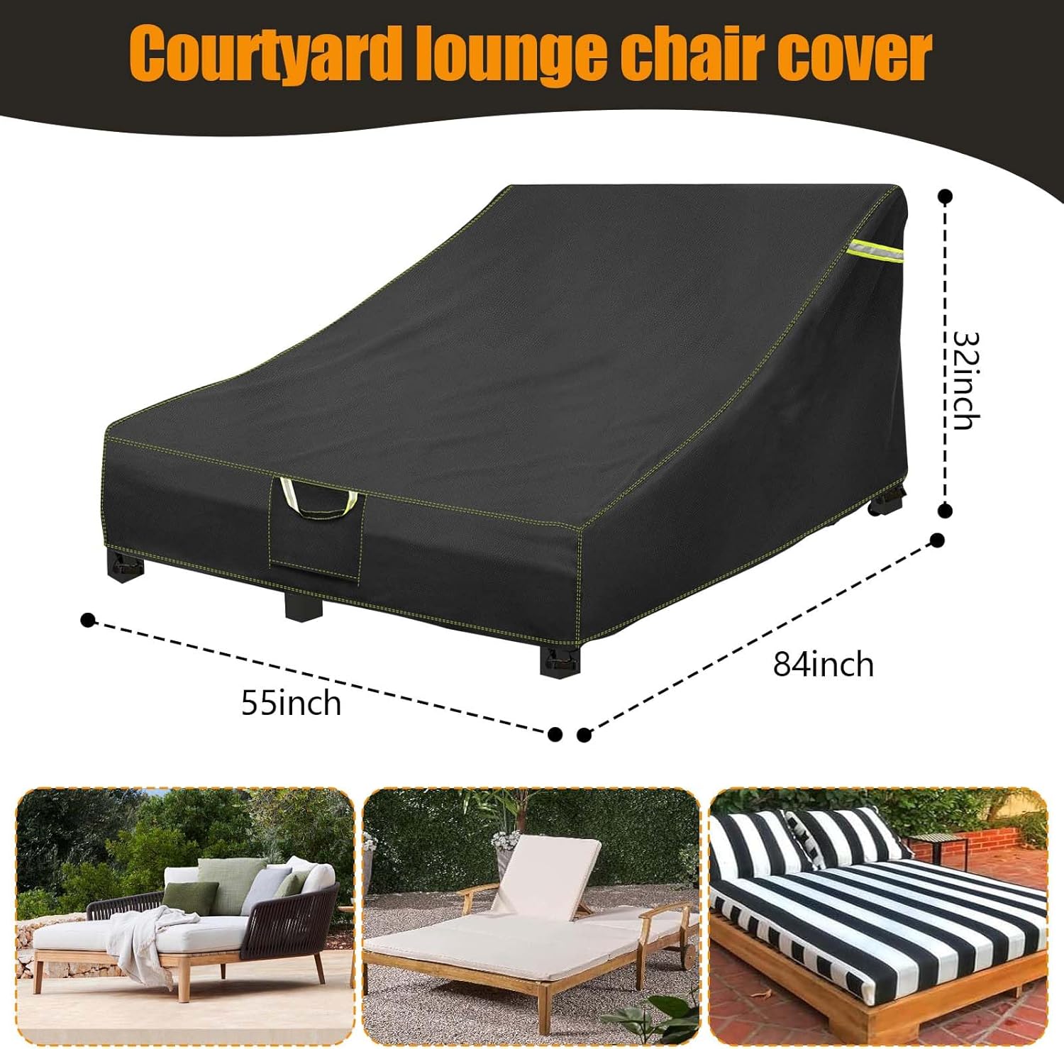 Double Chaise Lounge Cover - Outdoor Lounge Chair Cover Waterproof,(84 L x 55 W x 32 H Inch) 100% Waterproof Patio Seating Covers for Pool Lounge Chair （black)