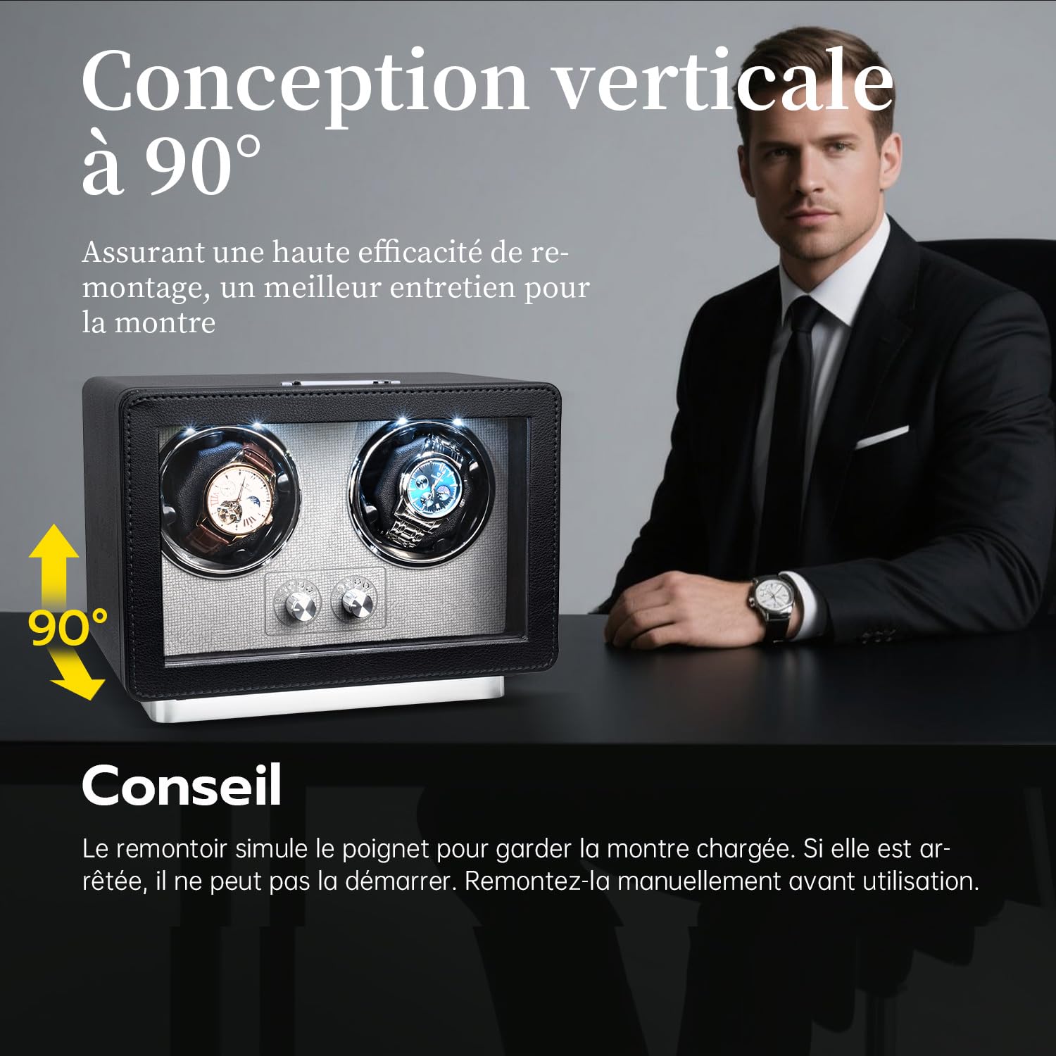Mcbazel Remontoir de montre pour 2 montres automatiques, moteur silencieux avec 4 modes de rotation, double alimentation (USB-C et batterie), éclairage LED et fonction arrêt automatique